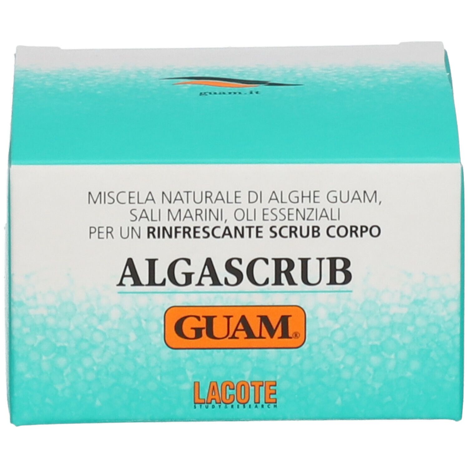 Scatola GUAM Algascrub. Testo: Algascrub, GUAM, Lacote. Confezione turchese e bianca con informazioni sul prodotto.