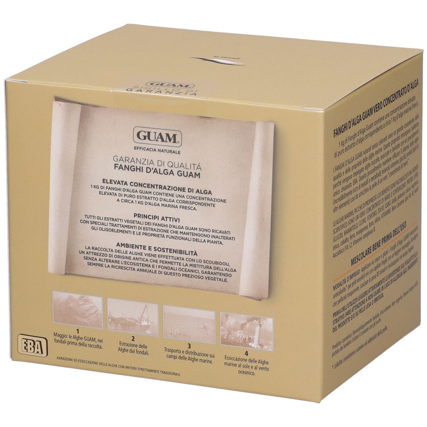 Karton mit Text. Aufschrift: GUAM Fanghi d'Alga. Garantie für Qualität. Nachhaltigkeit.