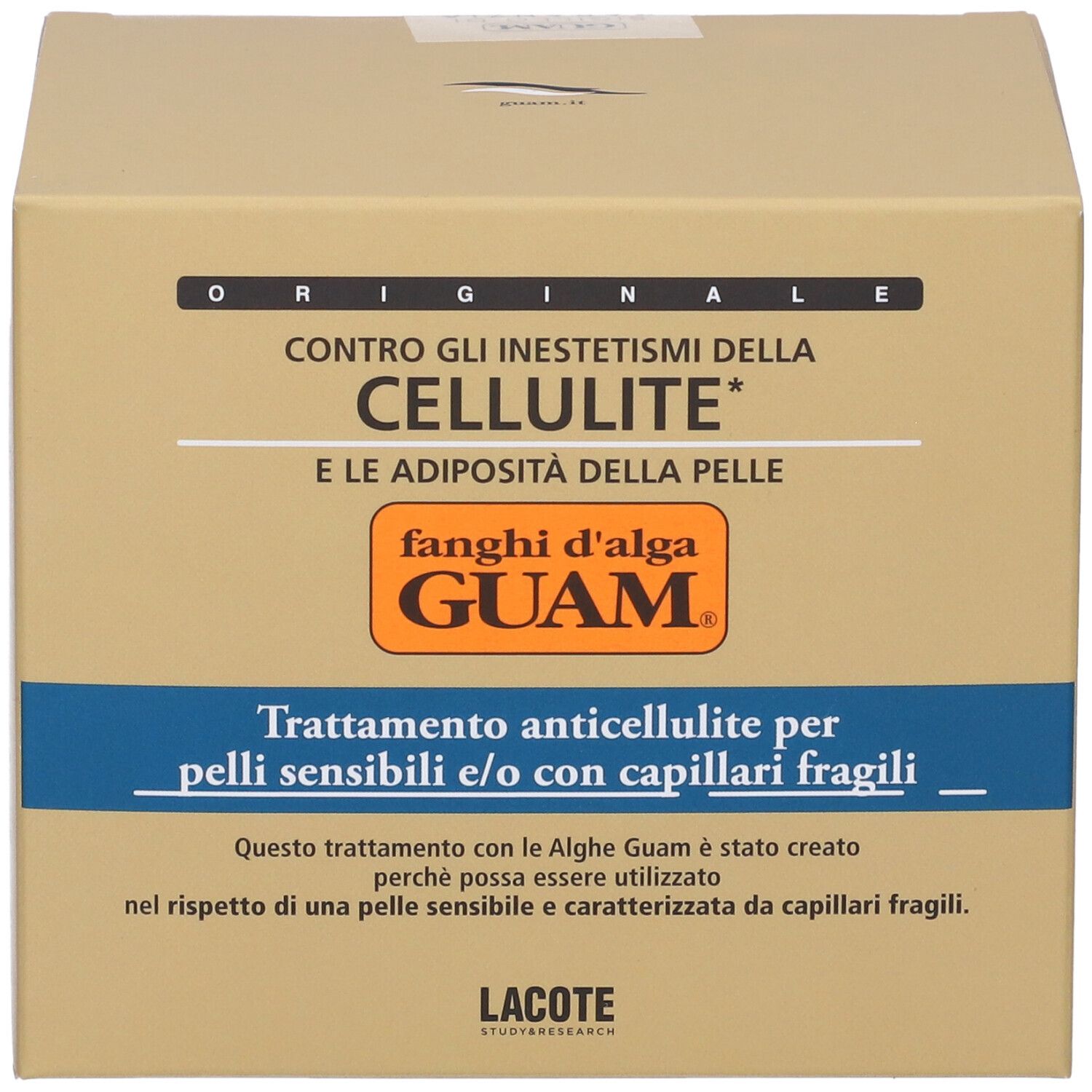 Karton mit Aufschrift: GUAM Fanghi d'Alga. Gegen Cellulite und Hautfett. Behandlung für empfindliche Haut.