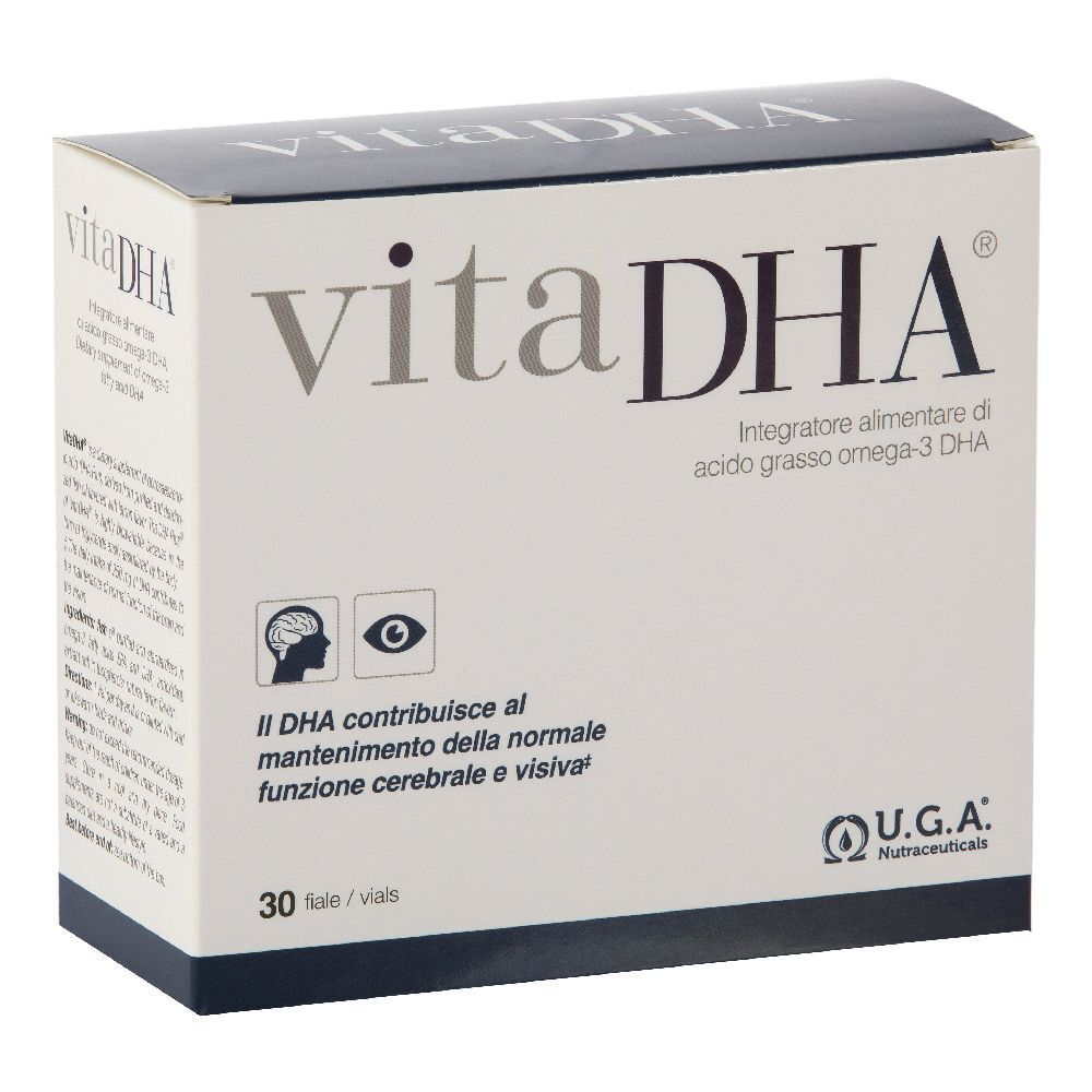 Scatola vitaDHA con logo e testo. 30 fiale. Logo U.G.A. Nutraceuticals. Testo su DHA e cervello/occhi.