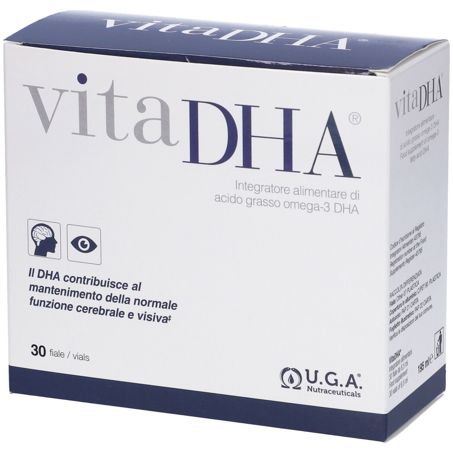 Scatola vitaDHA con logo e testo. 30 fiale. Logo U.G.A. Nutraceuticals. Testo su DHA e cervello/occhi.