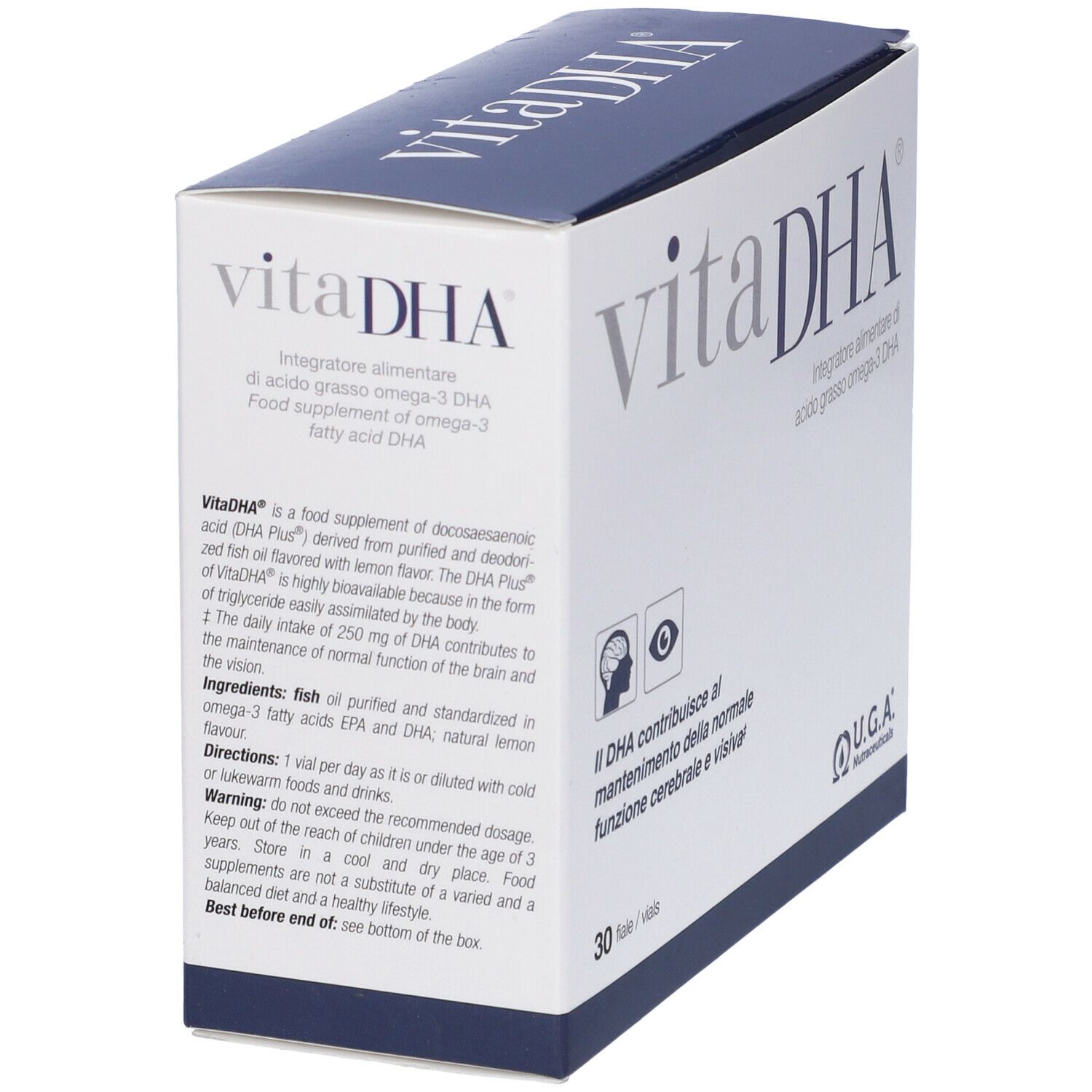 Vista angolata della confezione vitaDHA. Testo e logo. 30 fiale. U.G.A. Nutraceuticals. Testo su DHA e cervello/occhi.