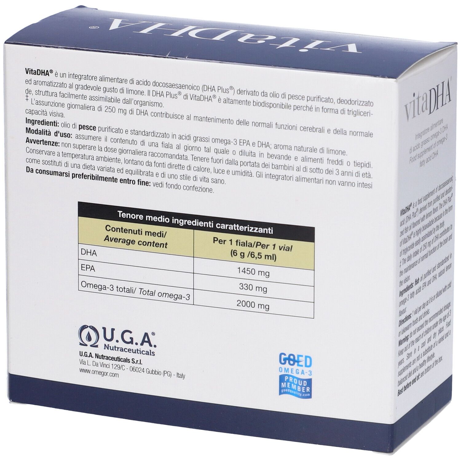 Retro della confezione vitaDHA. Testo, ingredienti, informazioni nutrizionali. Logo U.G.A. Nutraceuticals. Logo GOED.