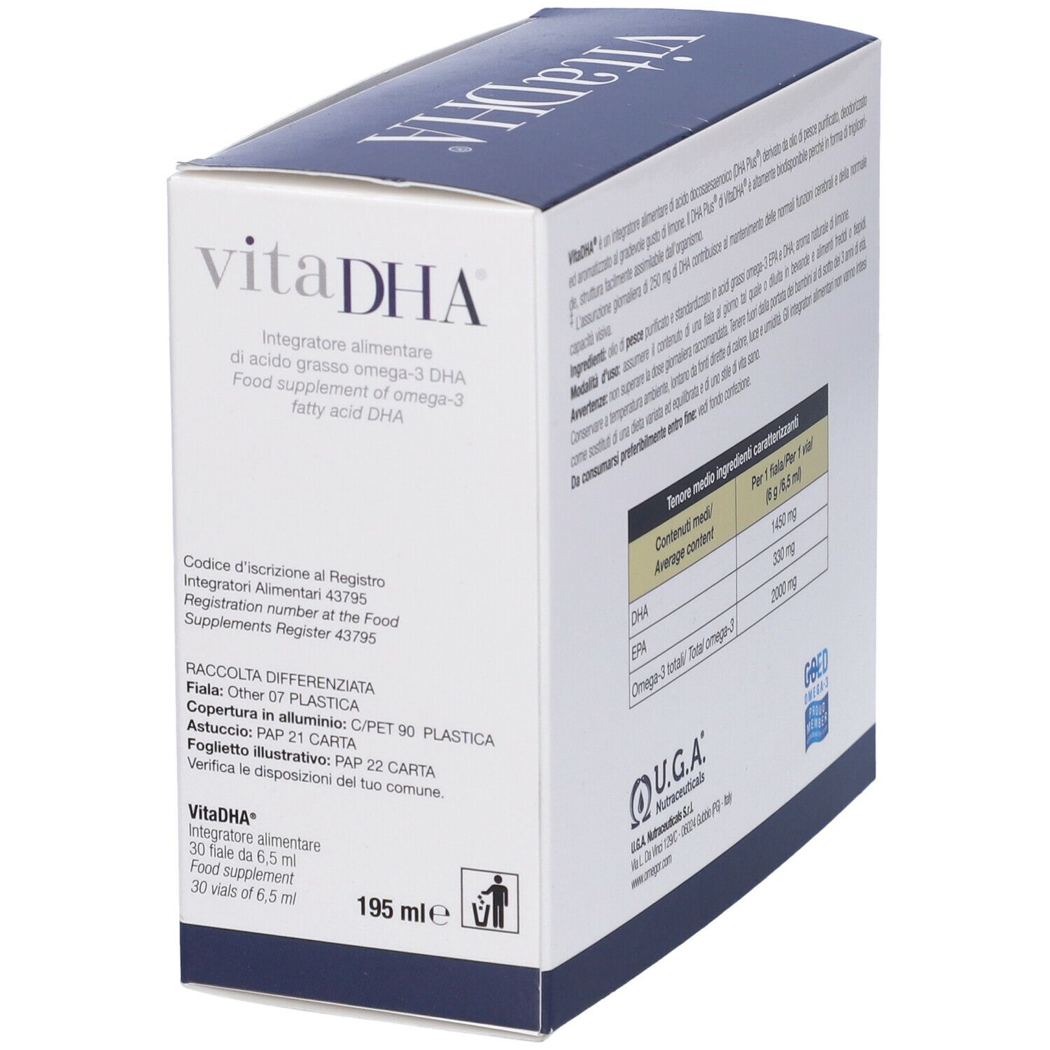 Vista angolata della confezione vitaDHA. Testo, ingredienti, informazioni nutrizionali. Logo U.G.A. Nutraceuticals. Logo GOED.