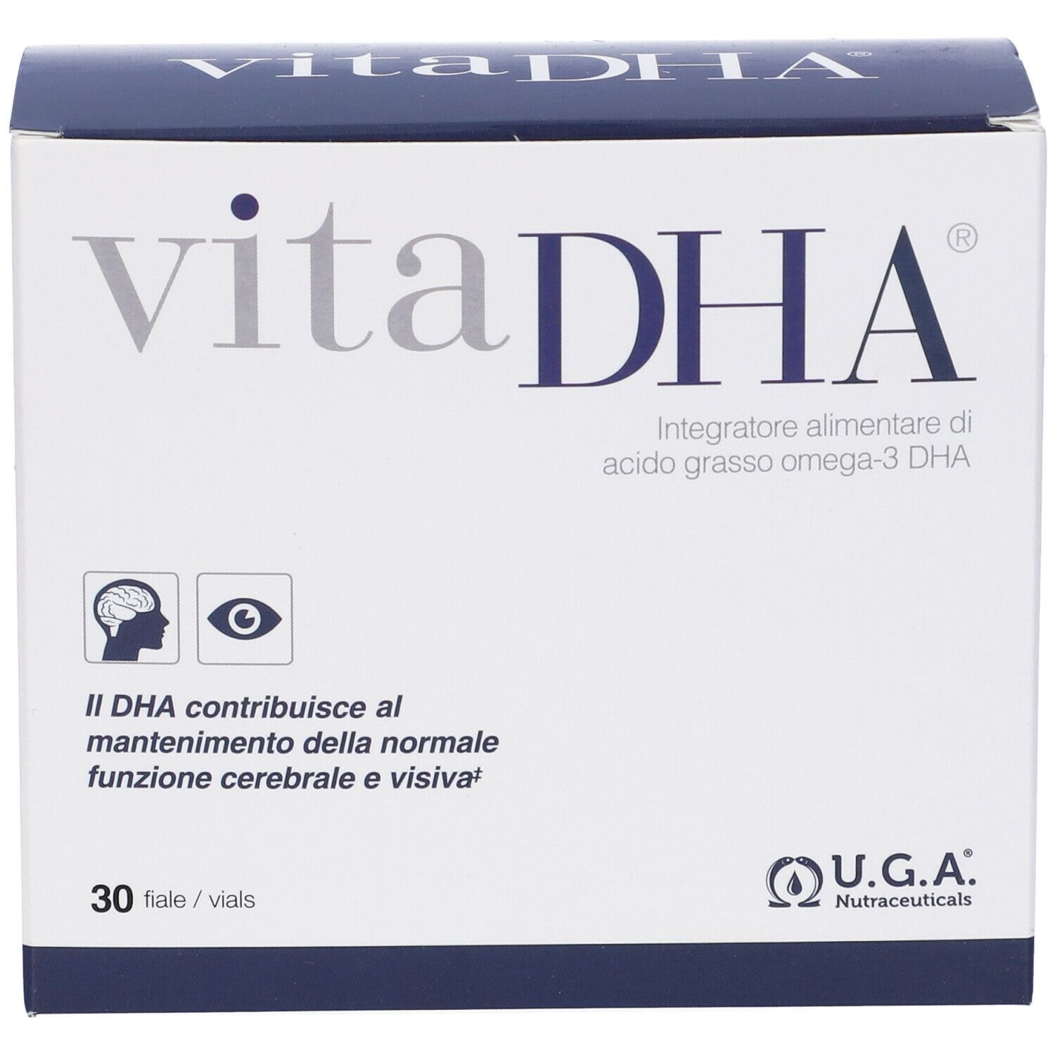 Scatola vitaDHA con logo e testo. 30 fiale. Logo U.G.A. Nutraceuticals. Testo su DHA e cervello/occhi.
