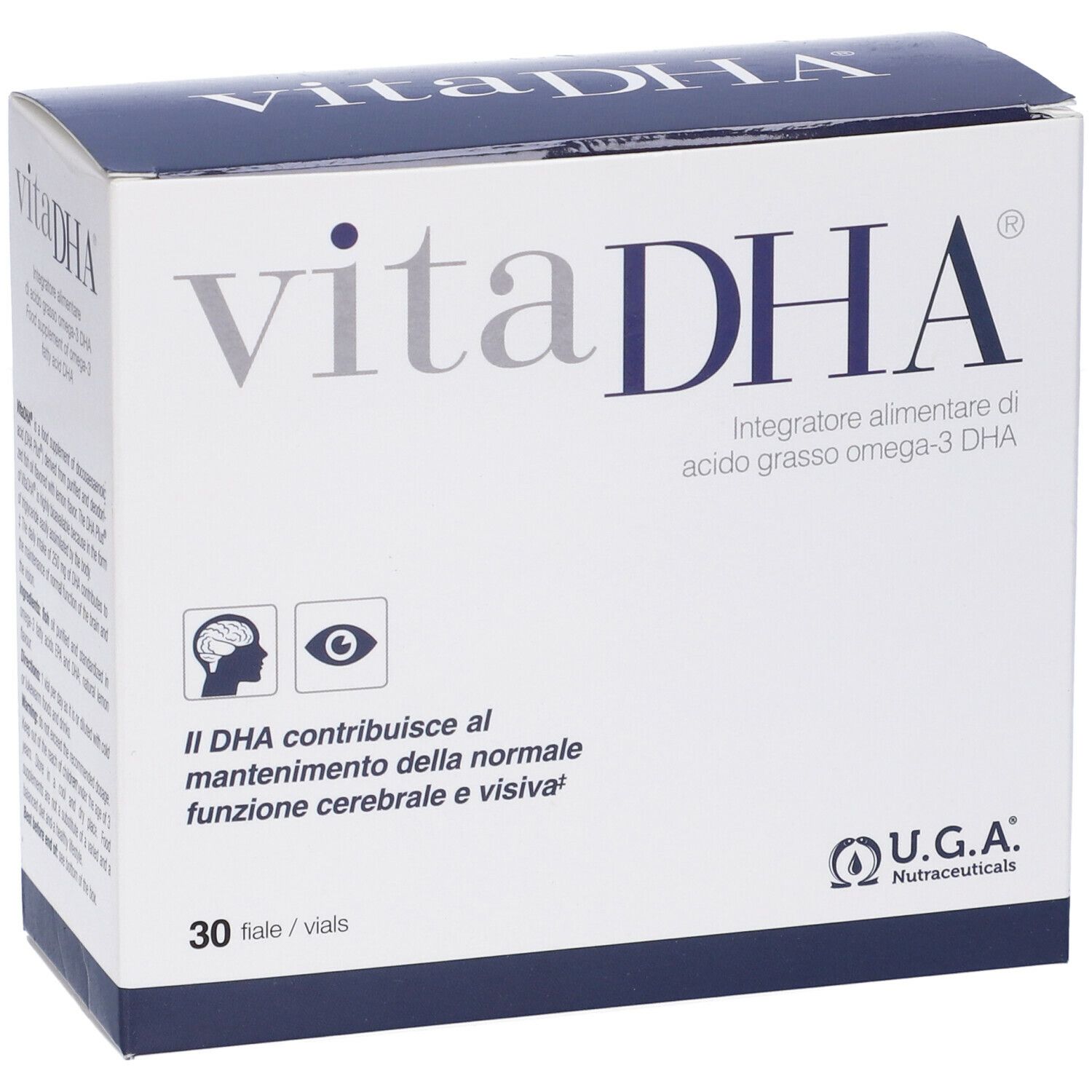 Scatola vitaDHA con logo e testo. 30 fiale. Logo U.G.A. Nutraceuticals. Testo su DHA e cervello/occhi.