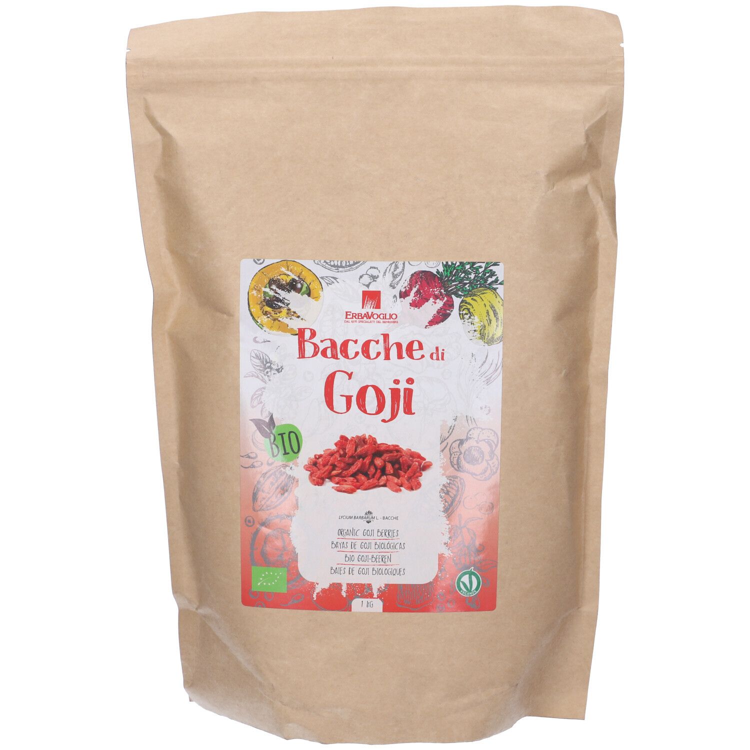 Confezione di bacche di Goji. Stampa rossa con testo ed etichetta bio. Sacchetto di carta marrone.