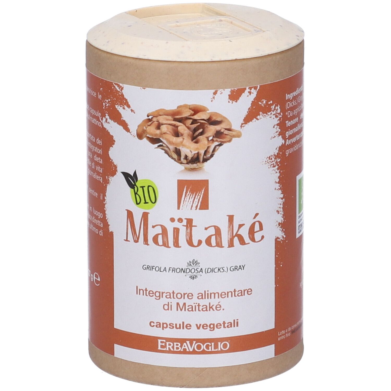 Barattolo cilindrico con etichetta marrone. Scritta: Maitake, Grifola frondosa, capsule. Logo Erba Voglio. Sigillo Bio.