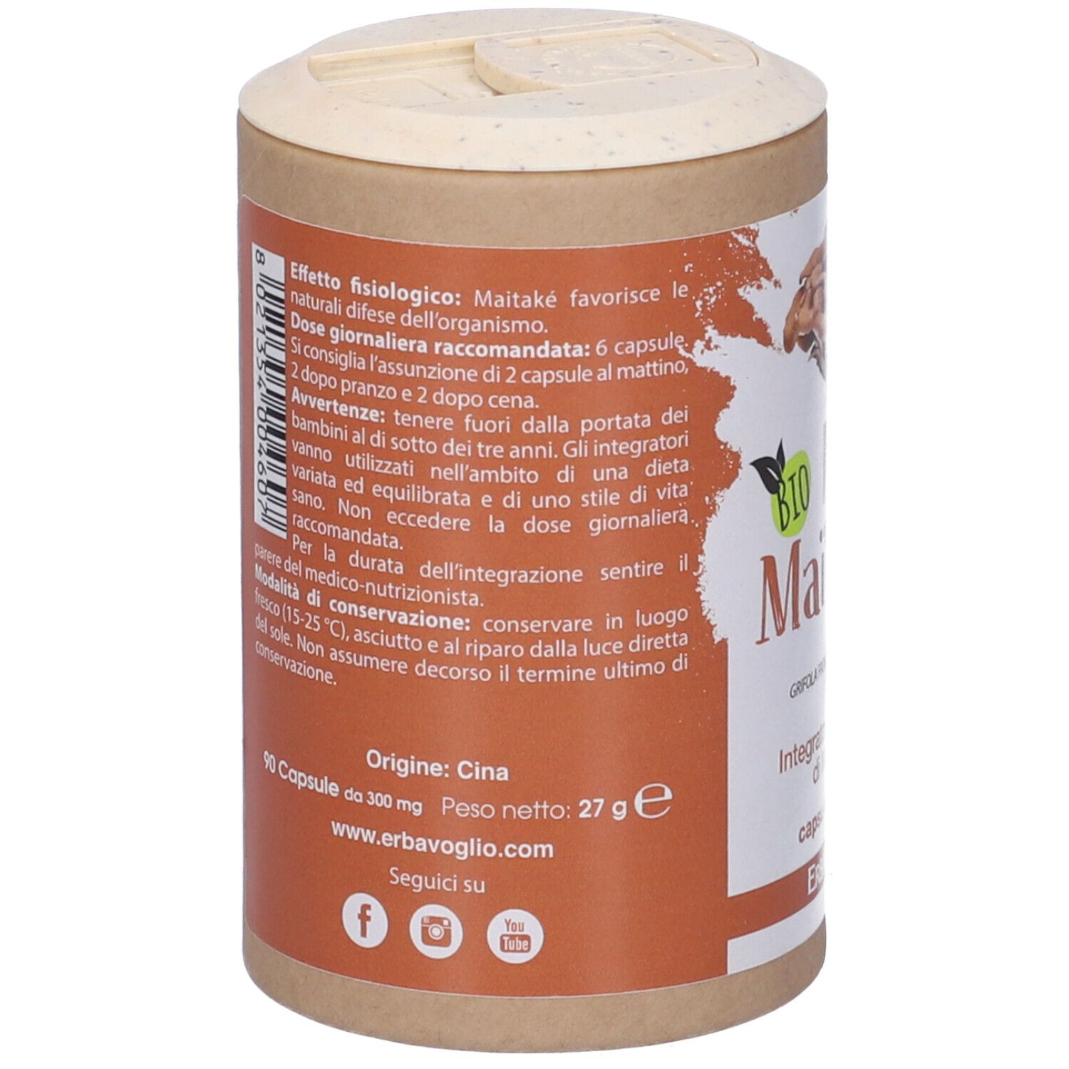 Barattolo cilindrico, etichetta marrone con testo. Scritta: 90 capsule, 27g. Logo Erba Voglio. Sigillo Bio. Codice QR.