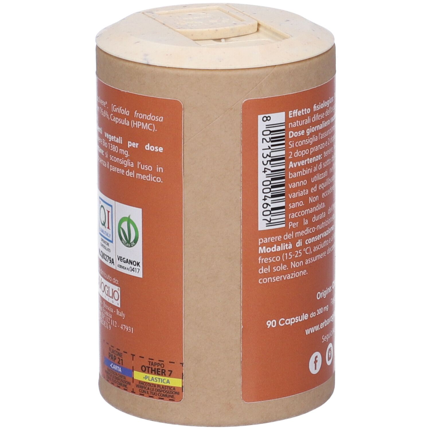 Barattolo cilindrico, etichetta marrone con testo. Scritta: 90 capsule, 27g. Logo Erba Voglio. Sigillo Bio. VeganOK.