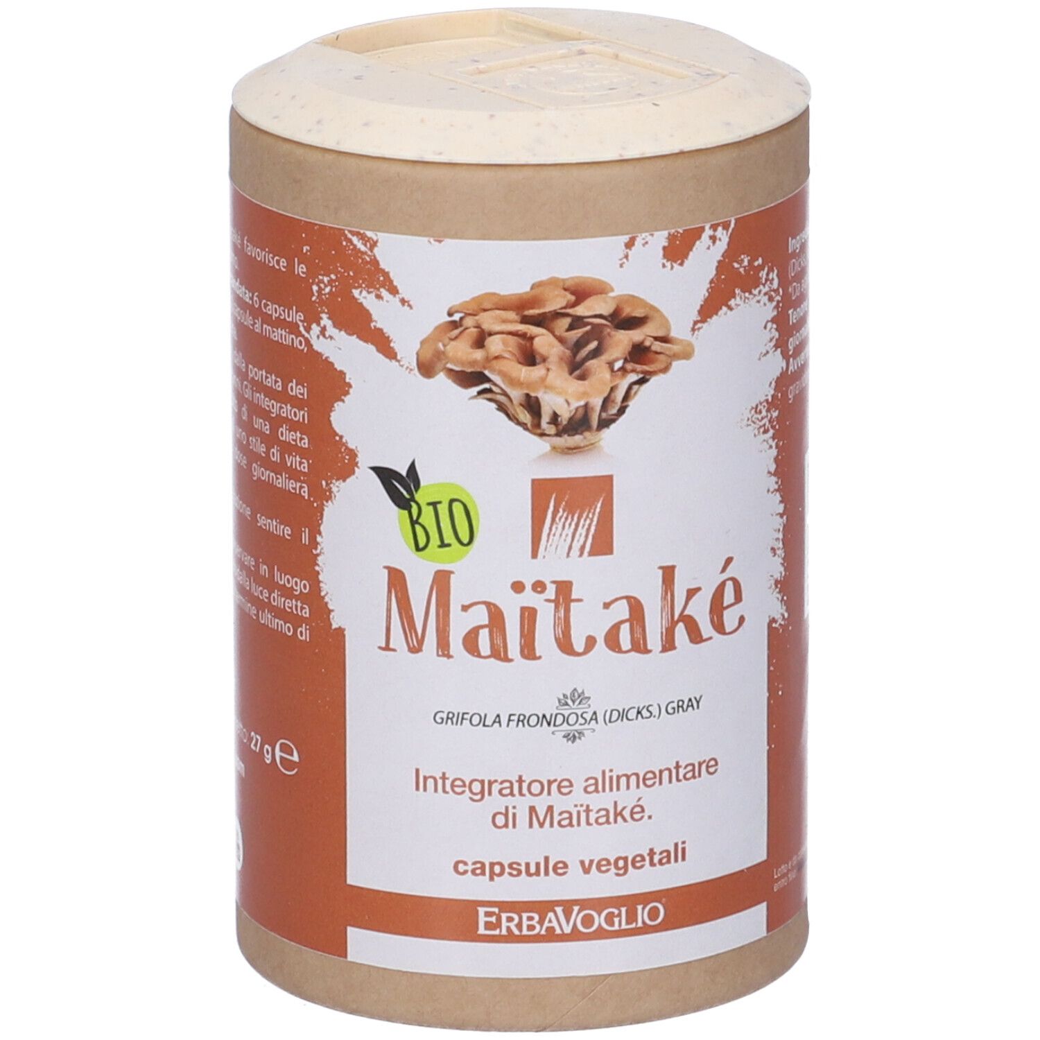 Barattolo cilindrico con etichetta marrone. Scritta: Maitake, Grifola frondosa, capsule. Logo Erba Voglio. Sigillo Bio.
