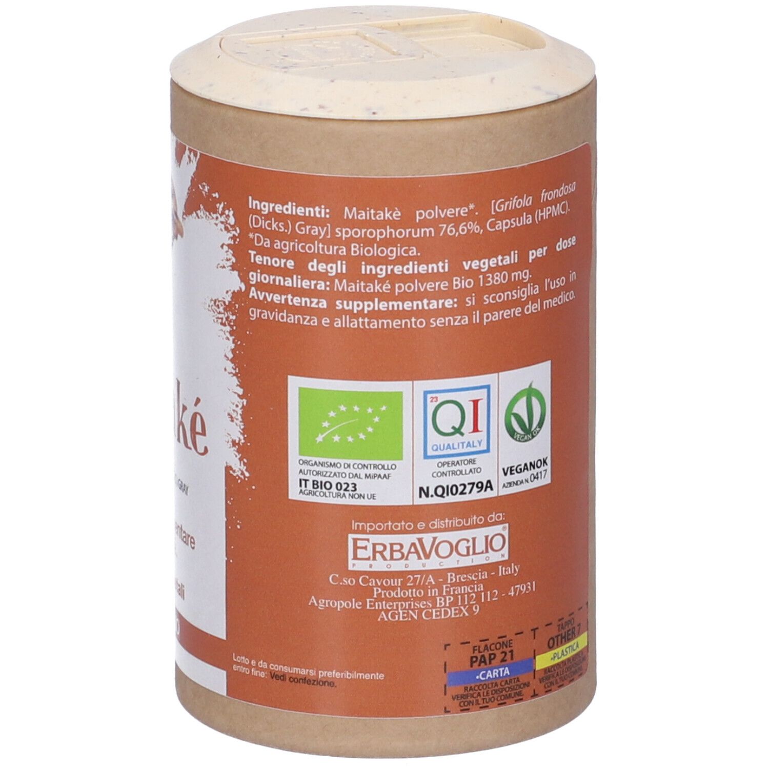 Barattolo cilindrico, etichetta marrone con testo. Scritta: 90 capsule, 27g. Logo Erba Voglio. Sigillo Bio. VeganOK.