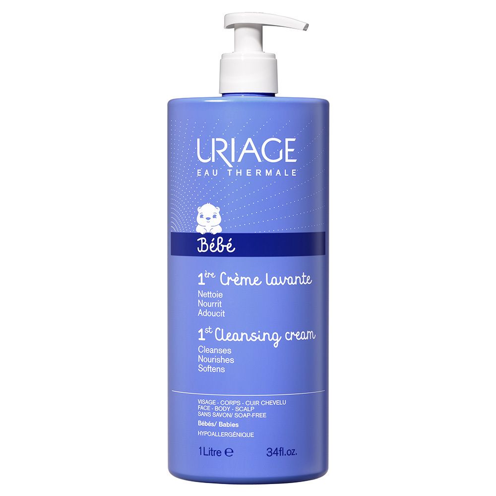 Flacon bleu avec pompe blanche. Inscription: URIAGE Bébé 1re Crème lavante. 1 litre.
