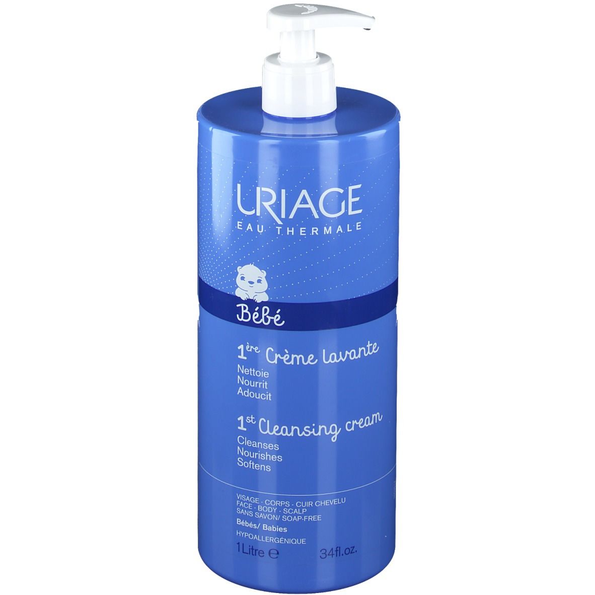 Flacon bleu avec pompe blanche. Inscription: URIAGE Bébé 1re Crème lavante. 1 litre.