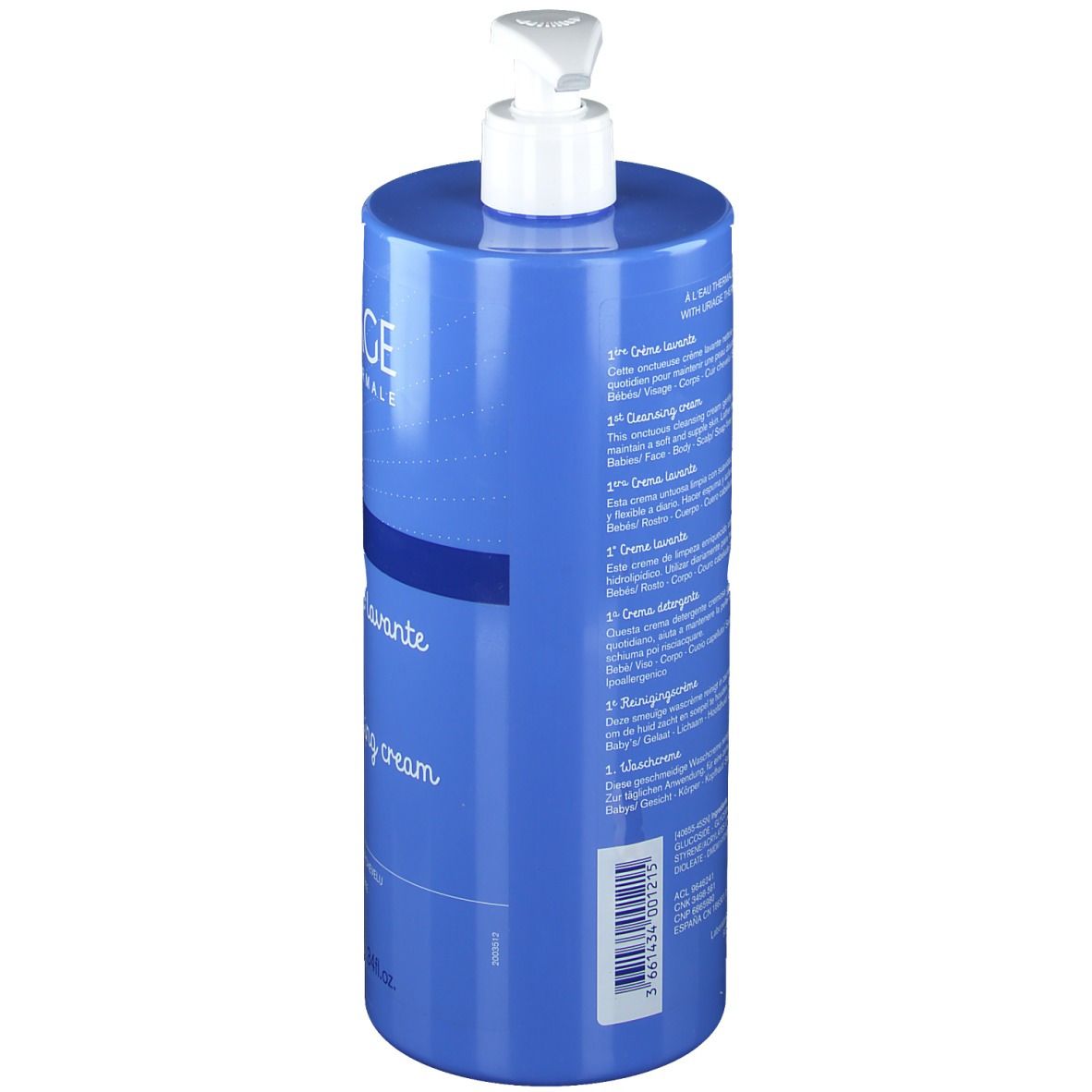 Flacon bleu avec pompe blanche. Inscription: URIAGE Bébé 1re Crème lavante. 1 litre.