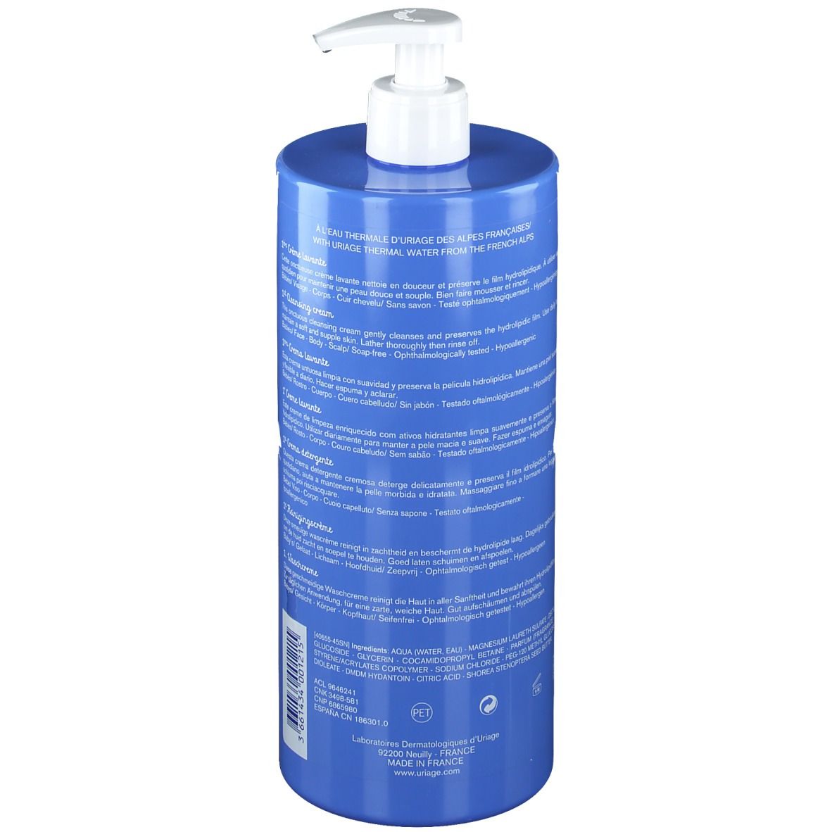 Flacon bleu avec pompe blanche. Inscription: URIAGE Bébé 1re Crème lavante. 1 litre.