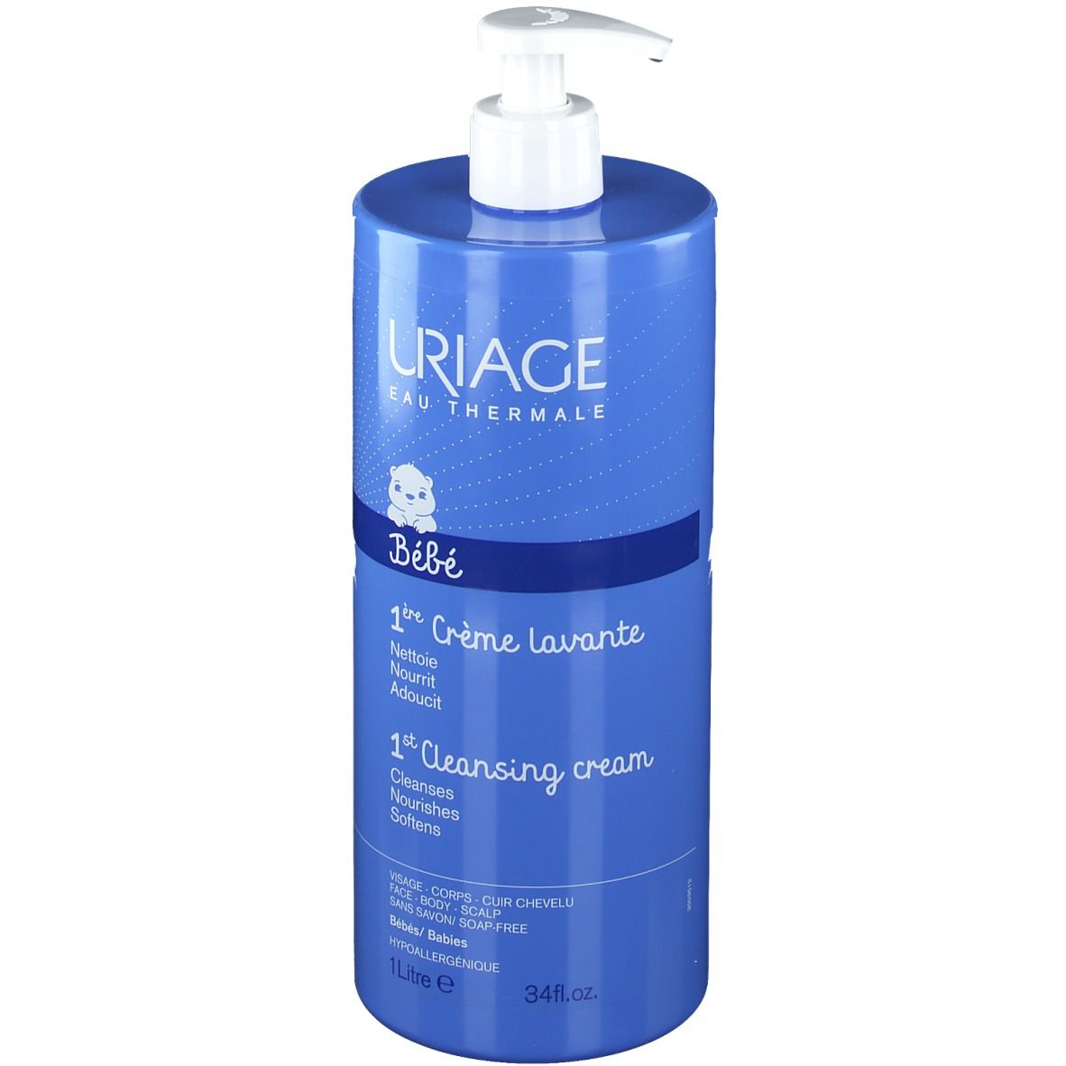 Flacon bleu avec pompe blanche. Inscription: URIAGE Bébé 1re Crème lavante. 1 litre.