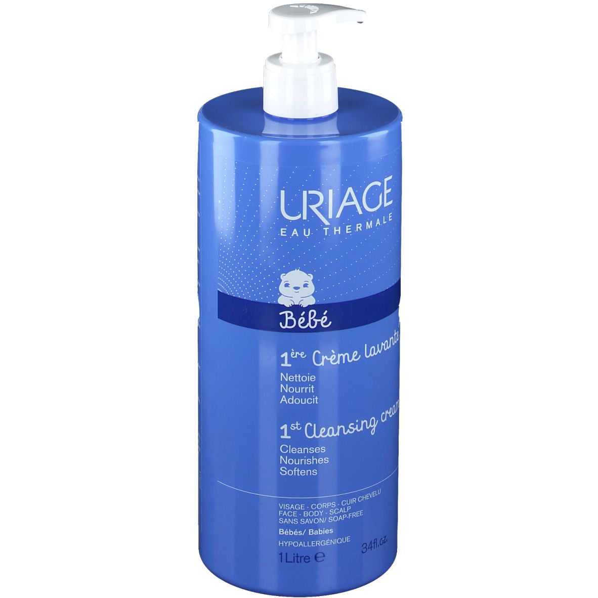 Flacon bleu avec pompe blanche. Inscription: URIAGE Bébé 1re Crème lavante. 1 litre.