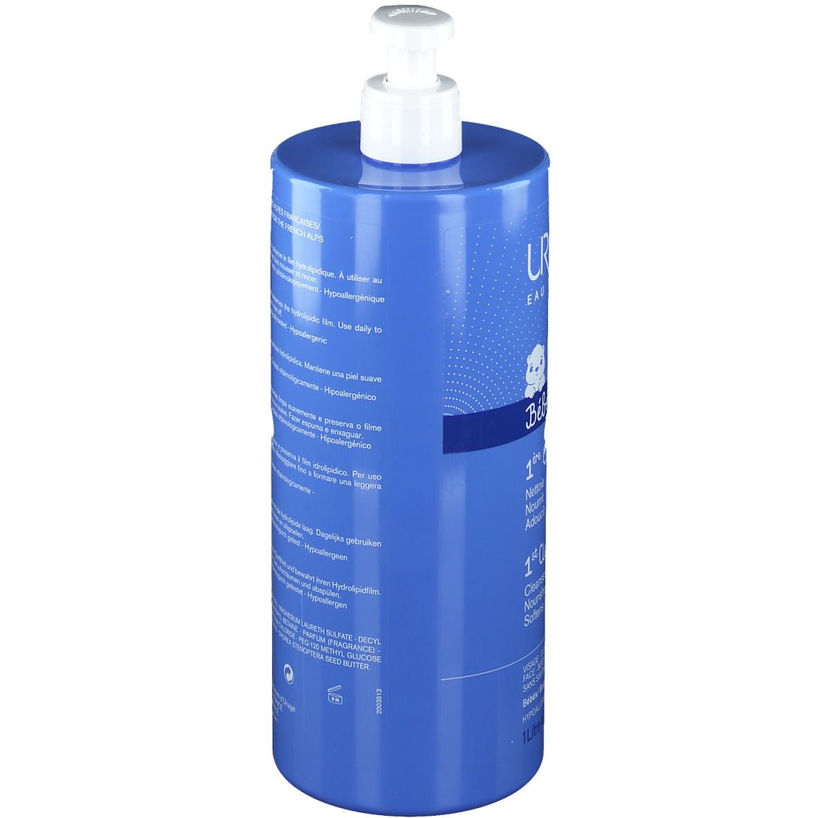 Flacon bleu avec pompe blanche. Inscription: URIAGE Bébé 1re Crème lavante. 1 litre.