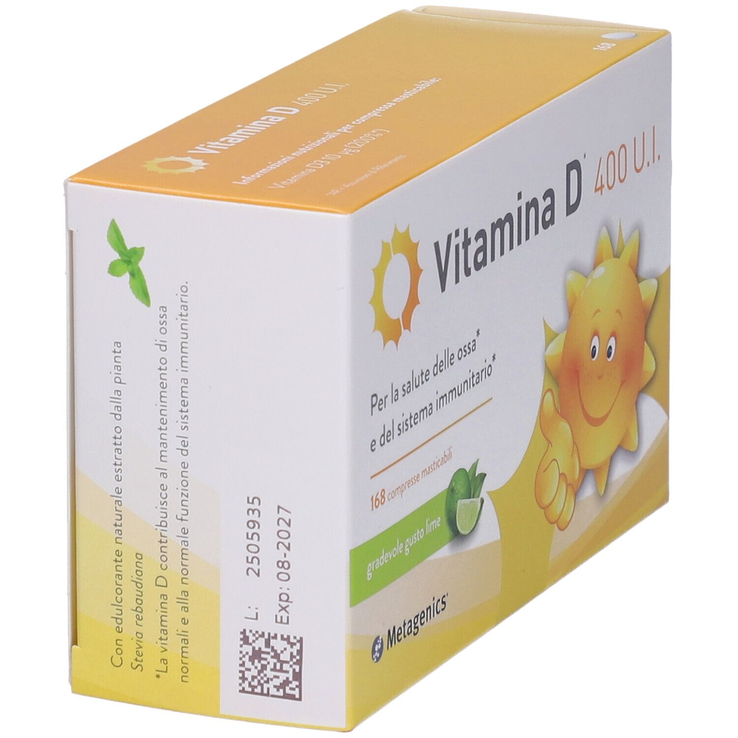 Seitenansicht der Metagenics™ Vitamina D 400 U.I. Verpackung. Text, Sonnen-Illustration, und MHD.
