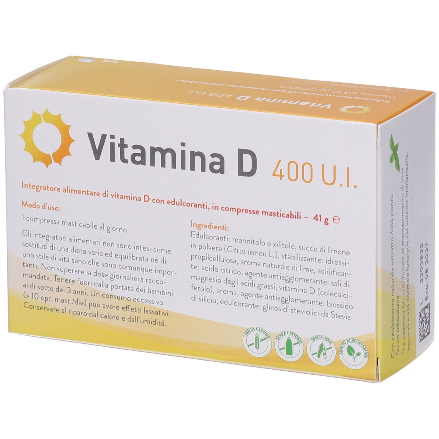 Metagenics™ Vitamina D 400 U.I. Verpackung mit Text und Inhaltsangaben. 41g.