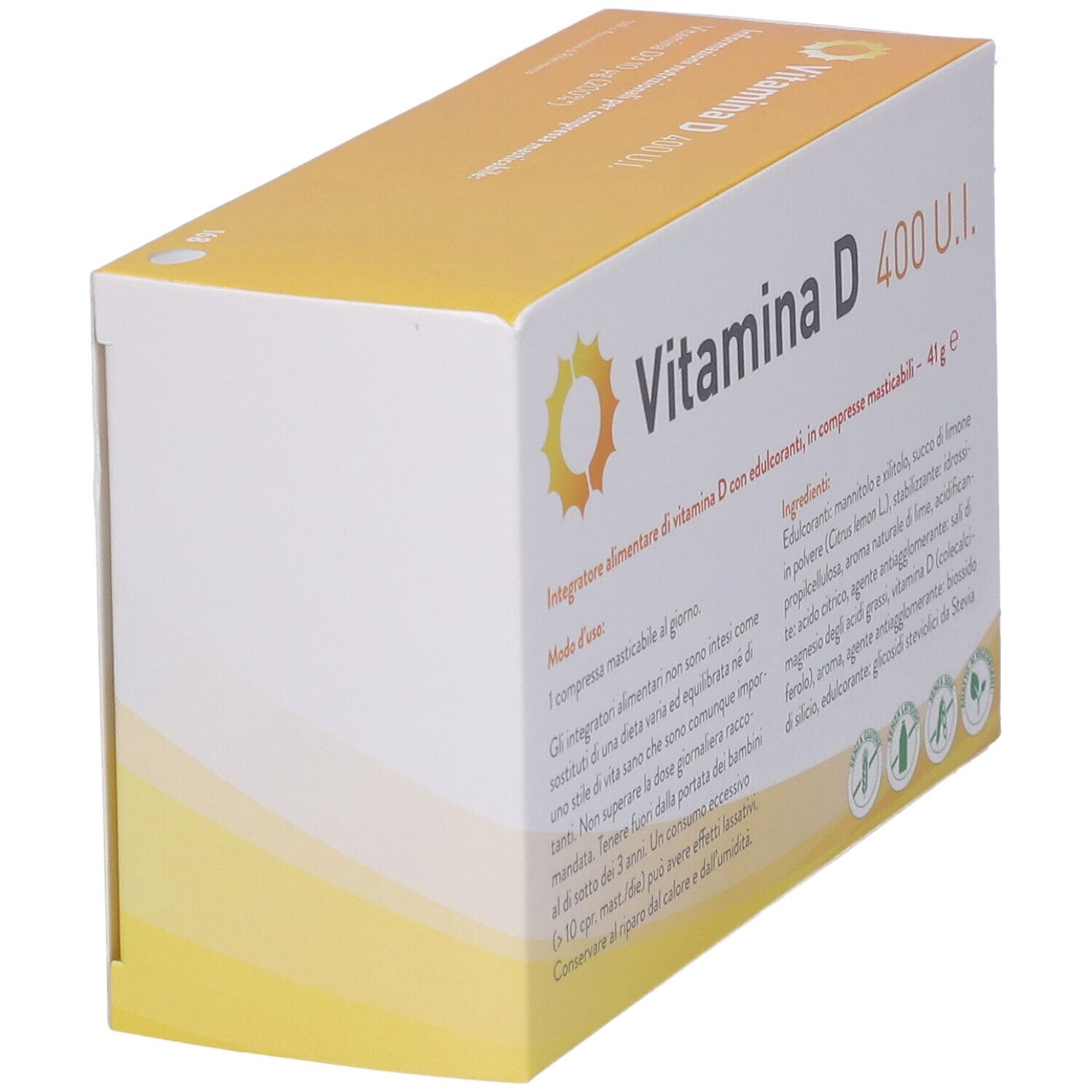 Schräge Ansicht der Metagenics™ Vitamina D 400 U.I. Verpackung. Text und Sonnen-Illustration.