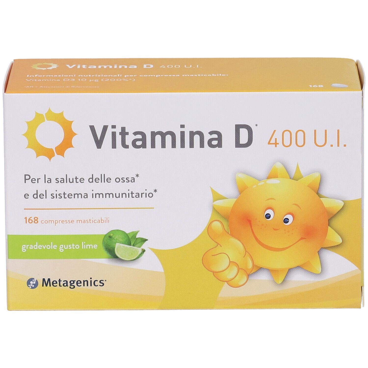 Metagenics™ Vitamina D 400 U.I. Verpackung mit Text, Sonnen-Illustration und 168 Tabletten.
