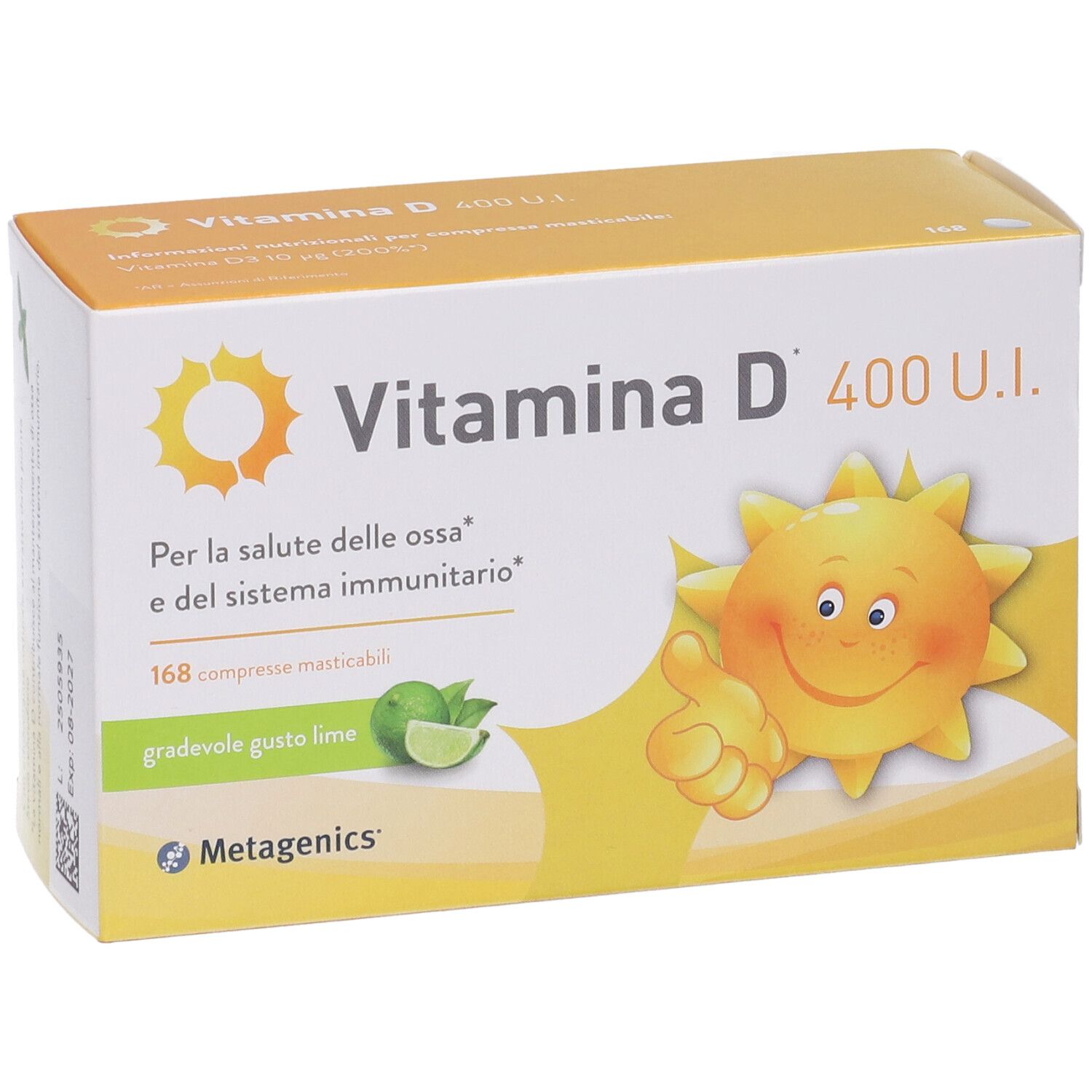 Metagenics™ Vitamina D 400 U.I. Verpackung mit Text, Sonnen-Illustration und 168 Tabletten.