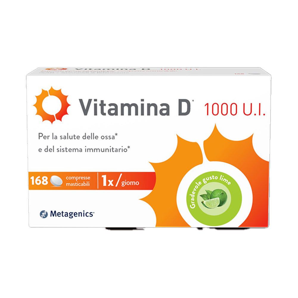 Confezione di compresse di Vitamina D 1000 U.I. Scritto: Per la salute delle ossa e il sistema immunitario. Gusto lime.