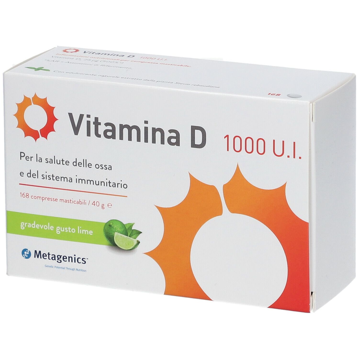 Confezione di compresse di Vitamina D 1000 U.I. Scritto: Per la salute delle ossa e il sistema immunitario. Gusto lime.