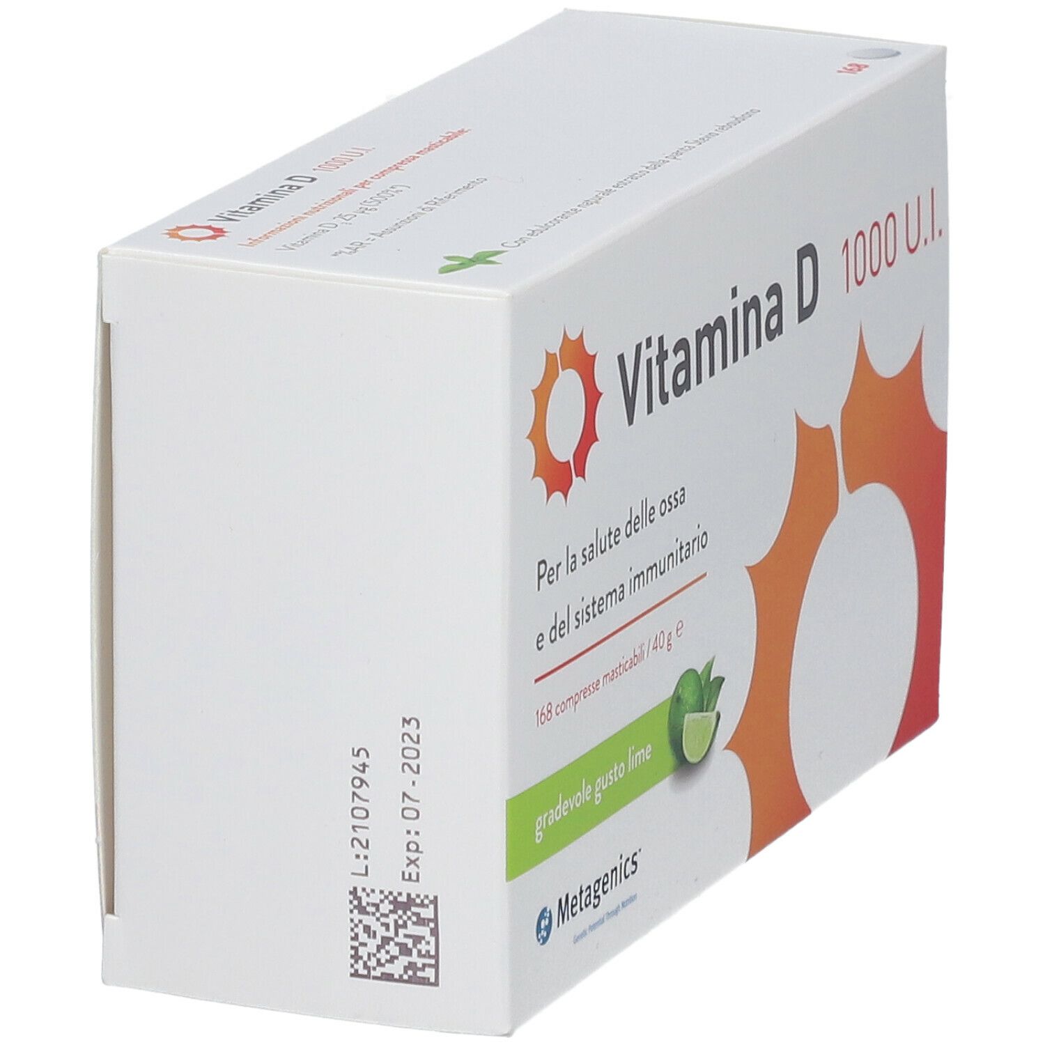 Confezione di compresse di Vitamina D 1000 U.I. Scritto: Per la salute delle ossa e il sistema immunitario. Gusto lime.