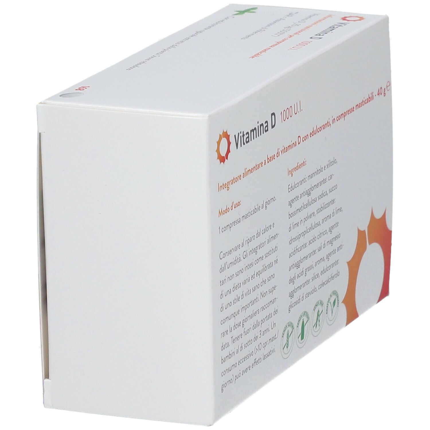 Confezione di compresse di Vitamina D 1000 U.I. Scritto: Per la salute delle ossa e il sistema immunitario. Gusto lime.