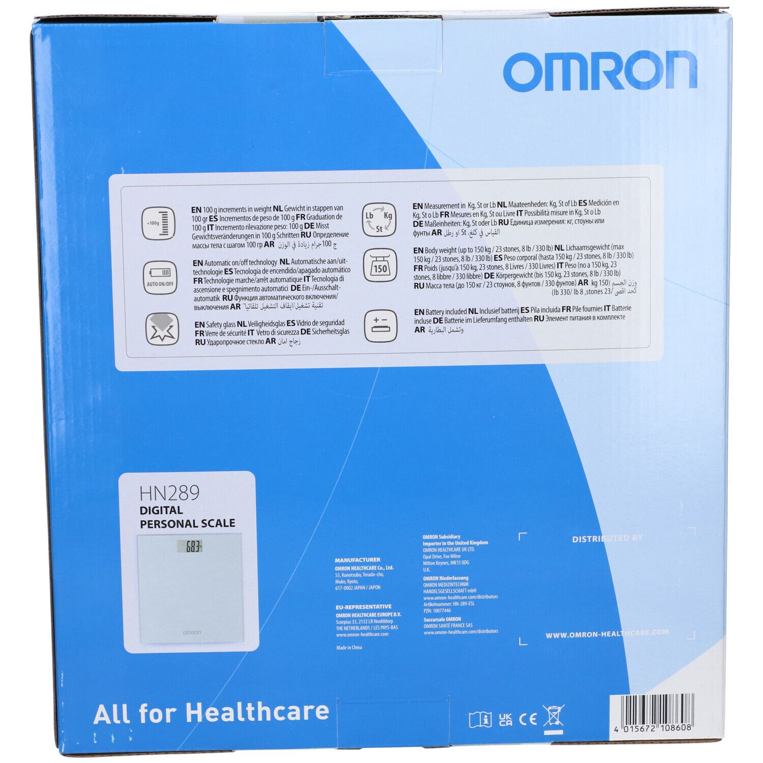 Retro della confezione. Logo OMRON. Nome prodotto HN289. Specifiche e simboli. 'All for Healthcare'.