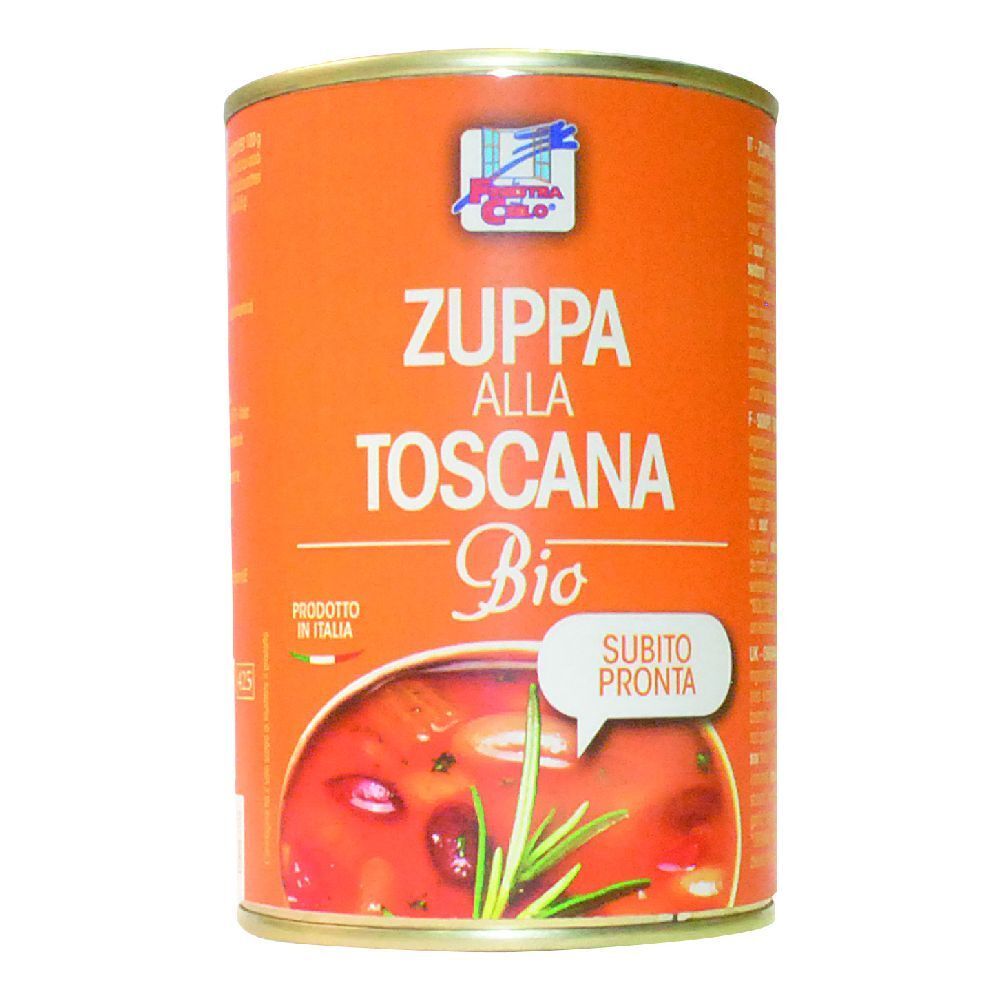 Lattina di Zuppa Toscana Bio. Etichetta arancione con nome del prodotto e logo.