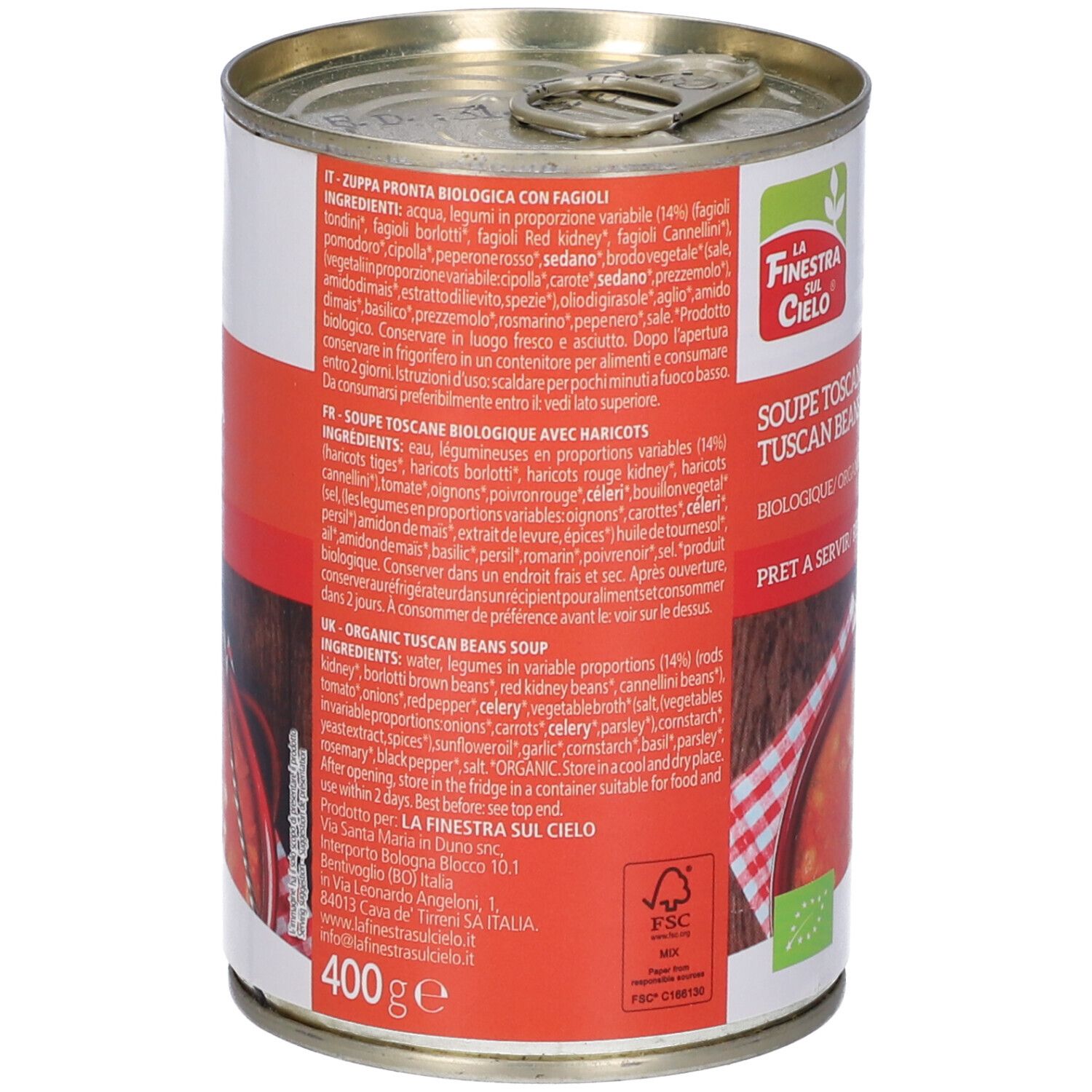 Lattina con elenco ingredienti e valori nutrizionali. Etichetta rossa con logo.