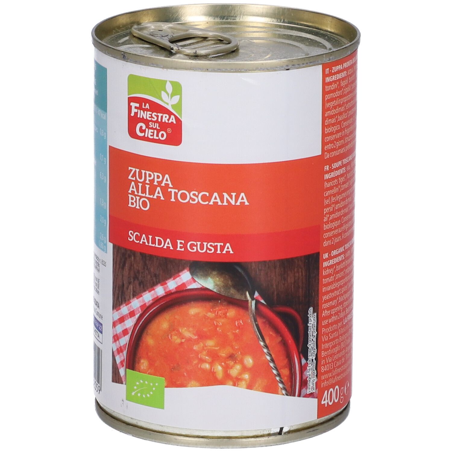 Lattina di Zuppa Toscana Bio. Etichetta rossa con nome del prodotto e logo.