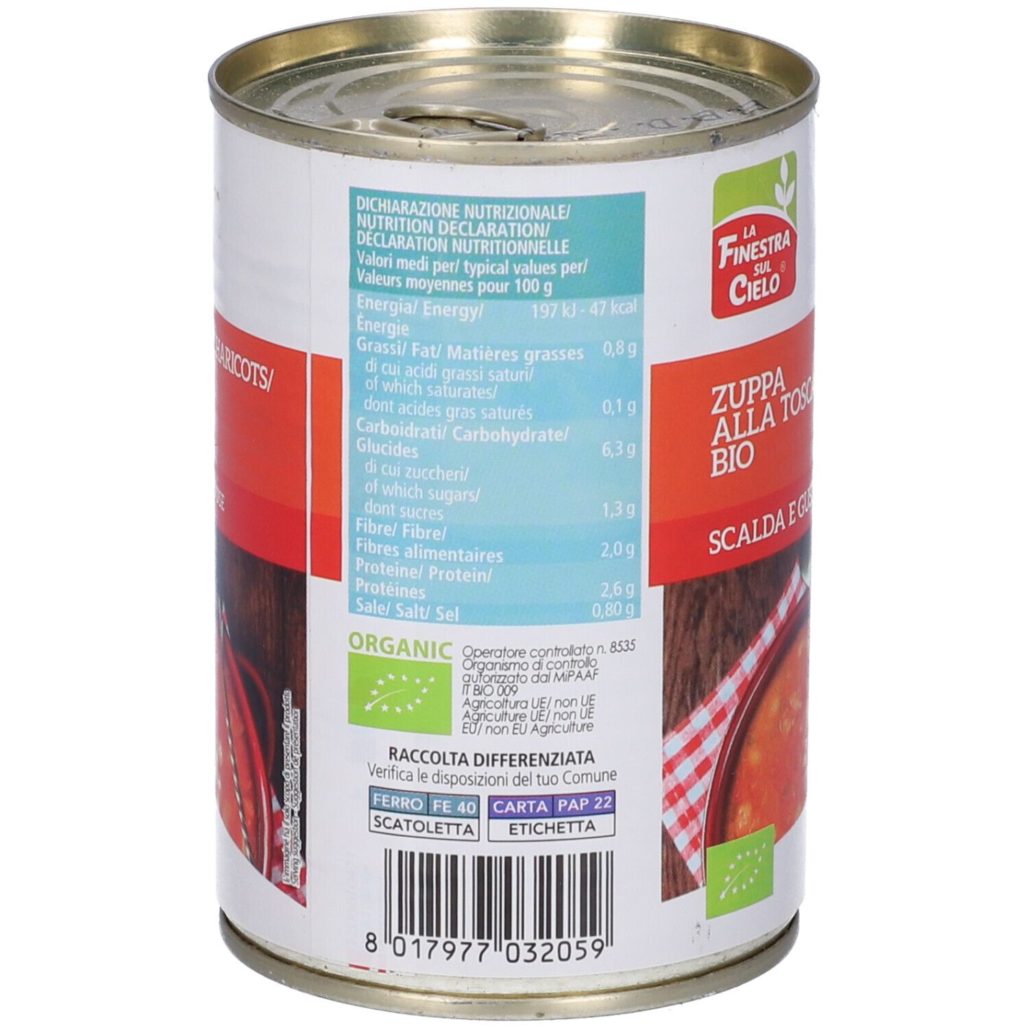 Lattina con valori nutrizionali e logo. Etichetta rossa con nome del prodotto.