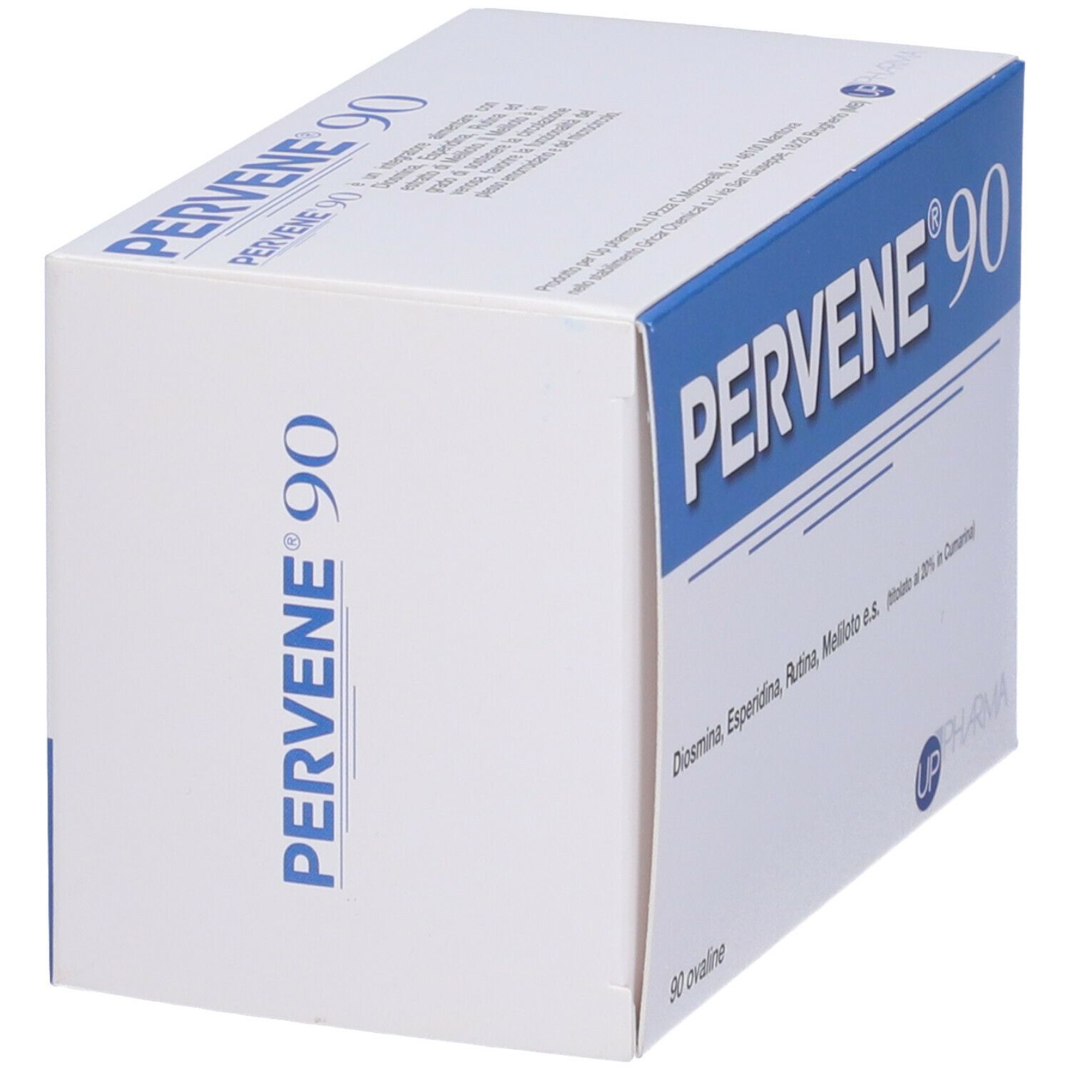 Pervene® 90 Verpackung. Aufschrift: Diosmina, Esperidina, Rutina, Meliloto e.s. 90 ovale Tabletten. UP Pharma Logo. Ansicht schräg.