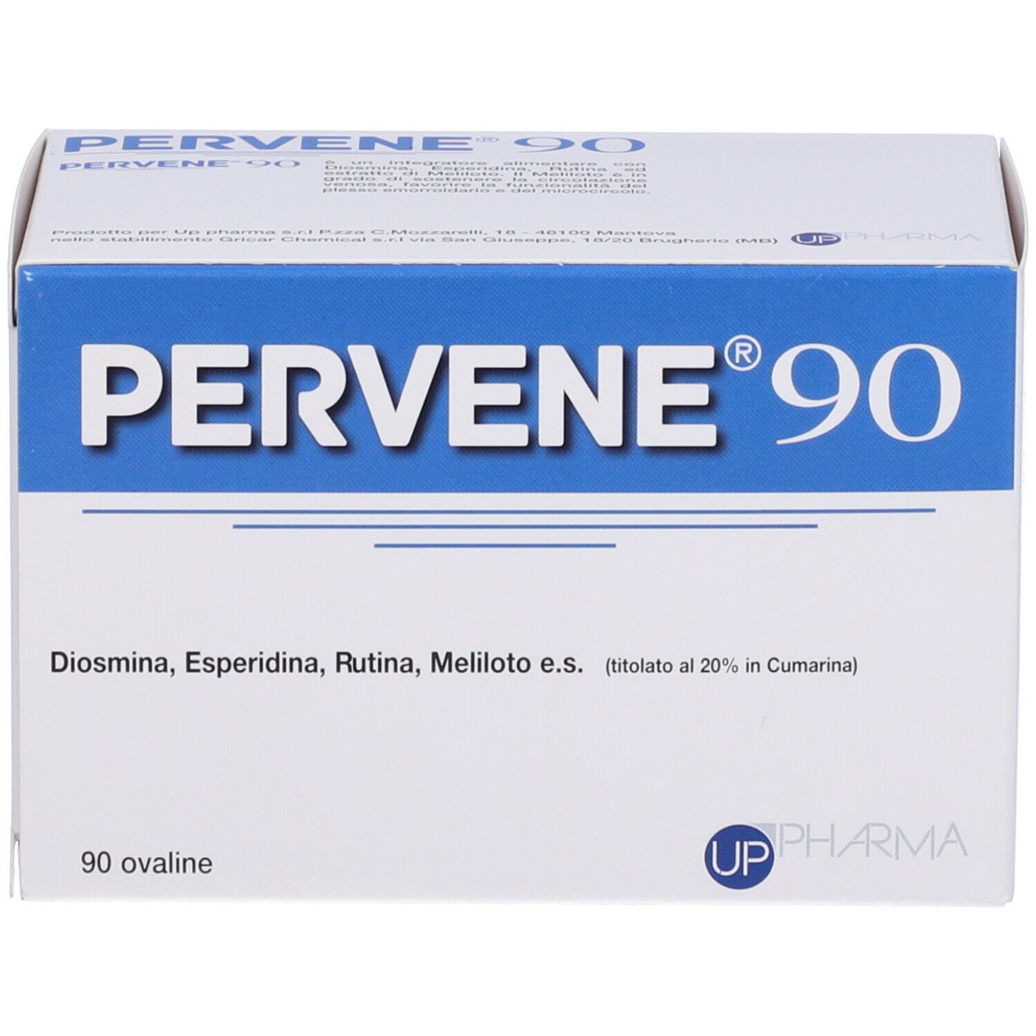 Pervene® 90 Verpackung. Aufschrift: Diosmina, Esperidina, Rutina, Meliloto e.s. 90 ovale Tabletten. UP Pharma Logo.