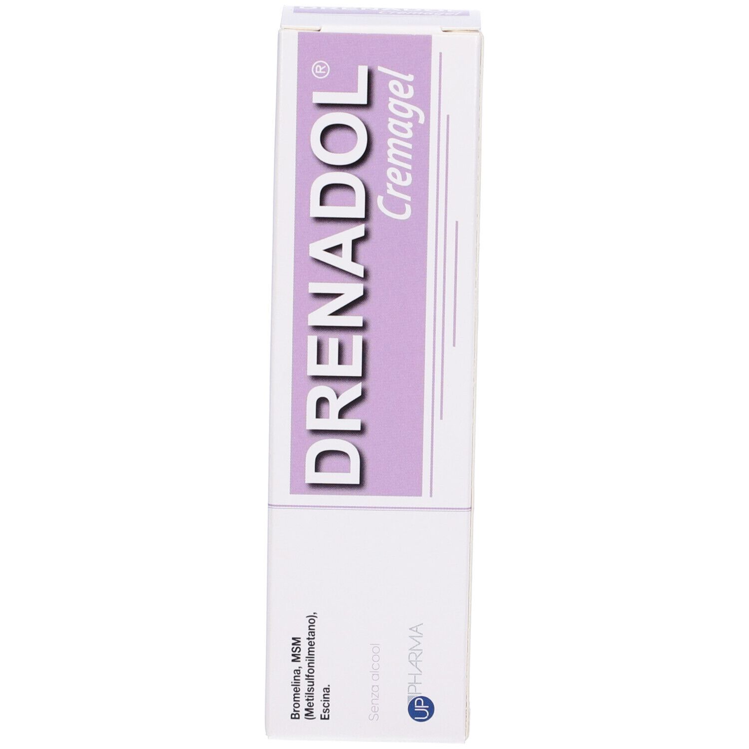 Scatola. Bianco con accenti viola. Nome del prodotto e ingredienti stampati. Logo UP Pharma.