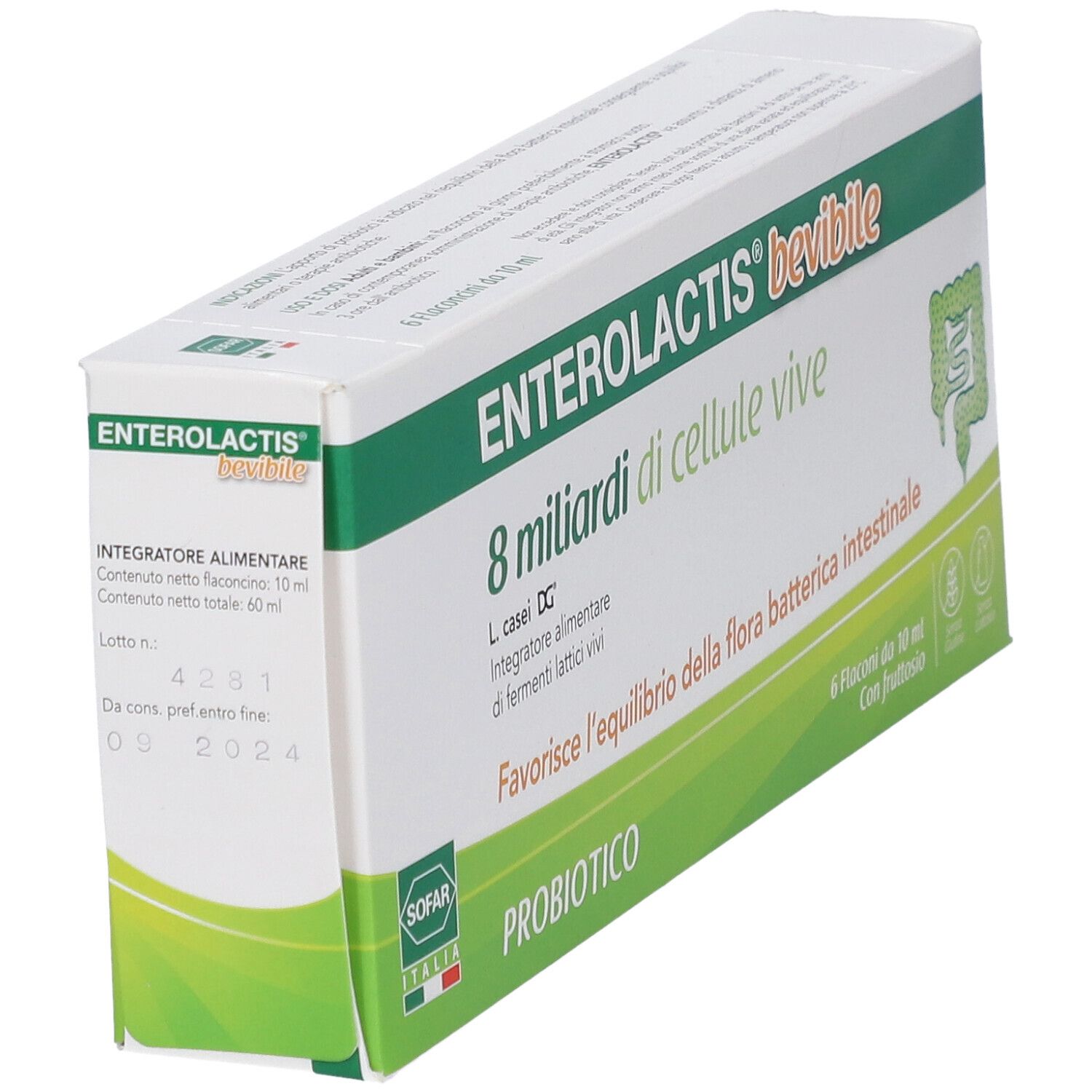 Confezione di ENTEROLACTIS® bevibile. Contiene 6 flaconcini. Scritta: 8 miliardi di cellule vive, probiotico.