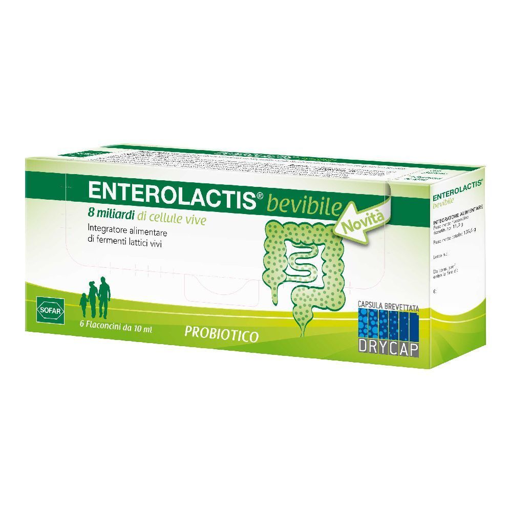 Confezione di ENTEROLACTIS® bevibile. Contiene 6 flaconcini. Scritta: 8 miliardi di cellule vive, probiotico.