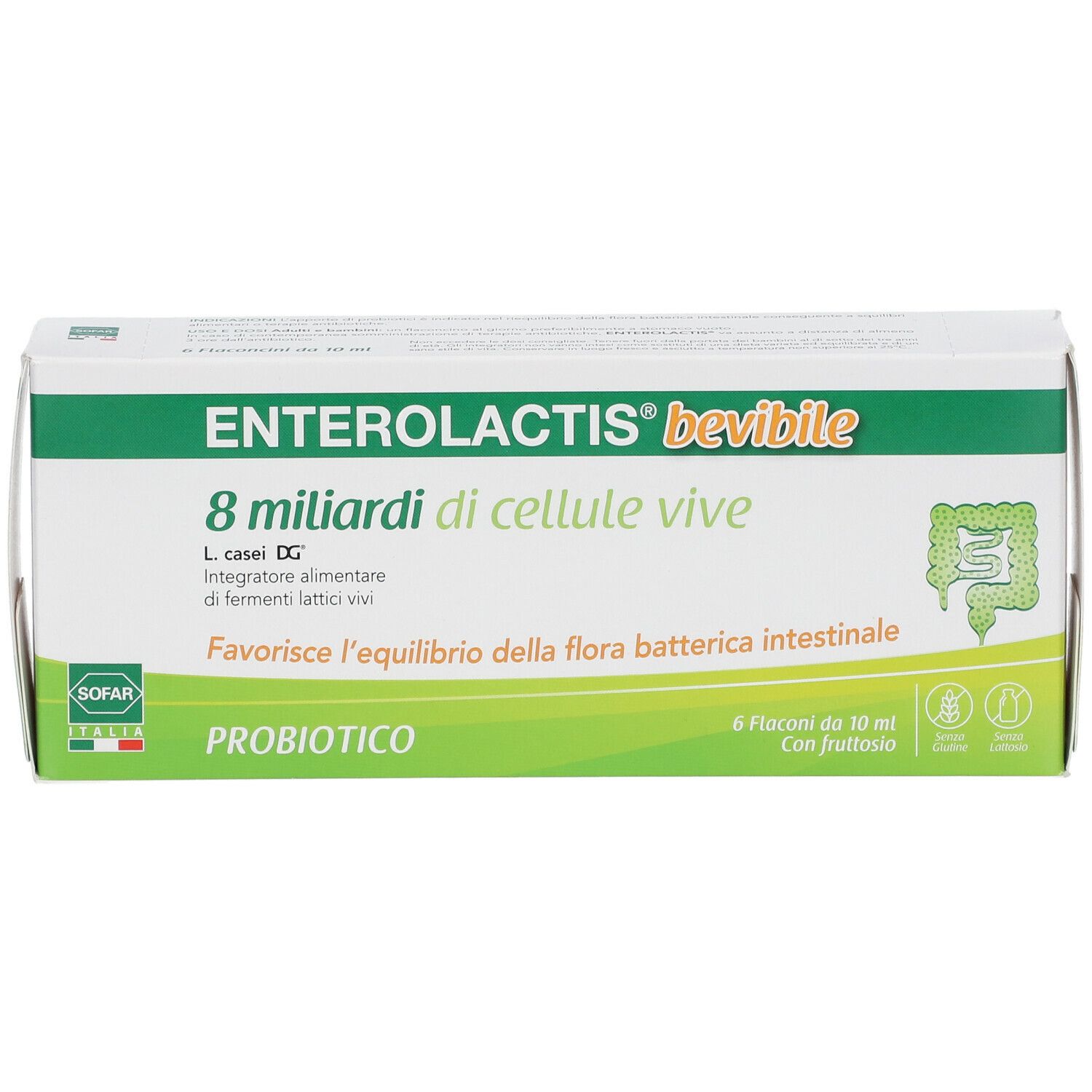 Confezione di ENTEROLACTIS® bevibile. Contiene 6 flaconcini. Scritta: 8 miliardi di cellule vive, probiotico.