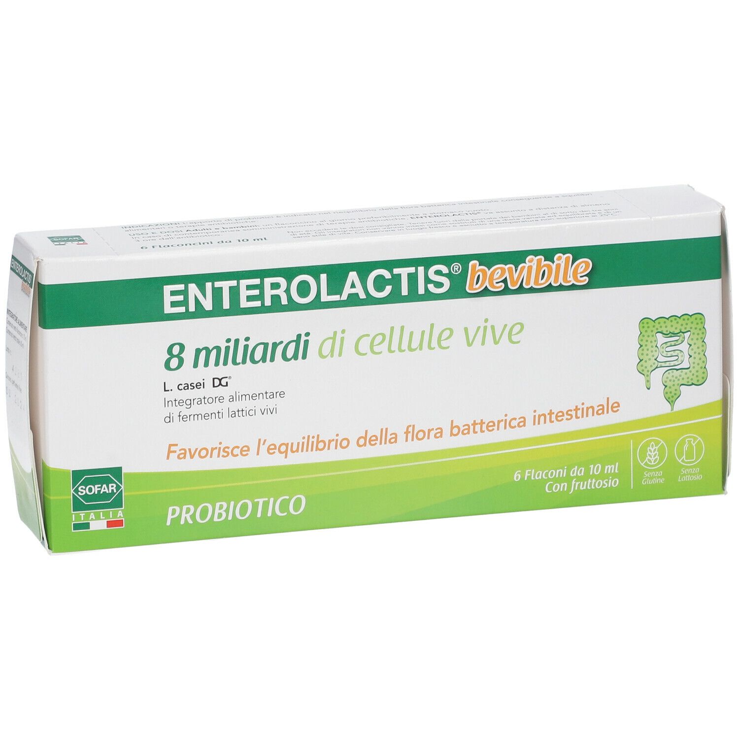 Confezione di ENTEROLACTIS® bevibile. Contiene 6 flaconcini. Scritta: 8 miliardi di cellule vive, probiotico.
