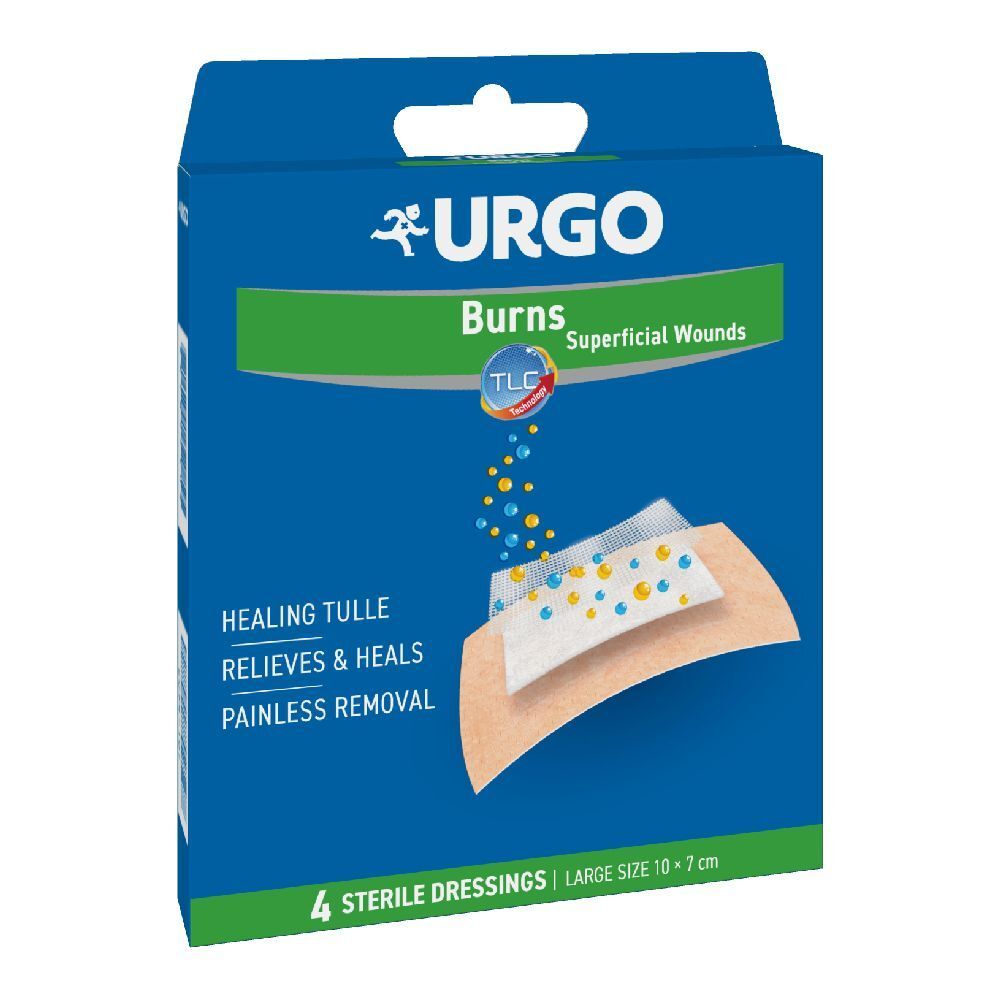 Scatola blu e verde Urgo. Contiene 4 medicazioni sterili, dimensioni 10 x 7 cm. Immagine del prodotto con medicazione e testo: 'Burns, Superficial Wounds'.