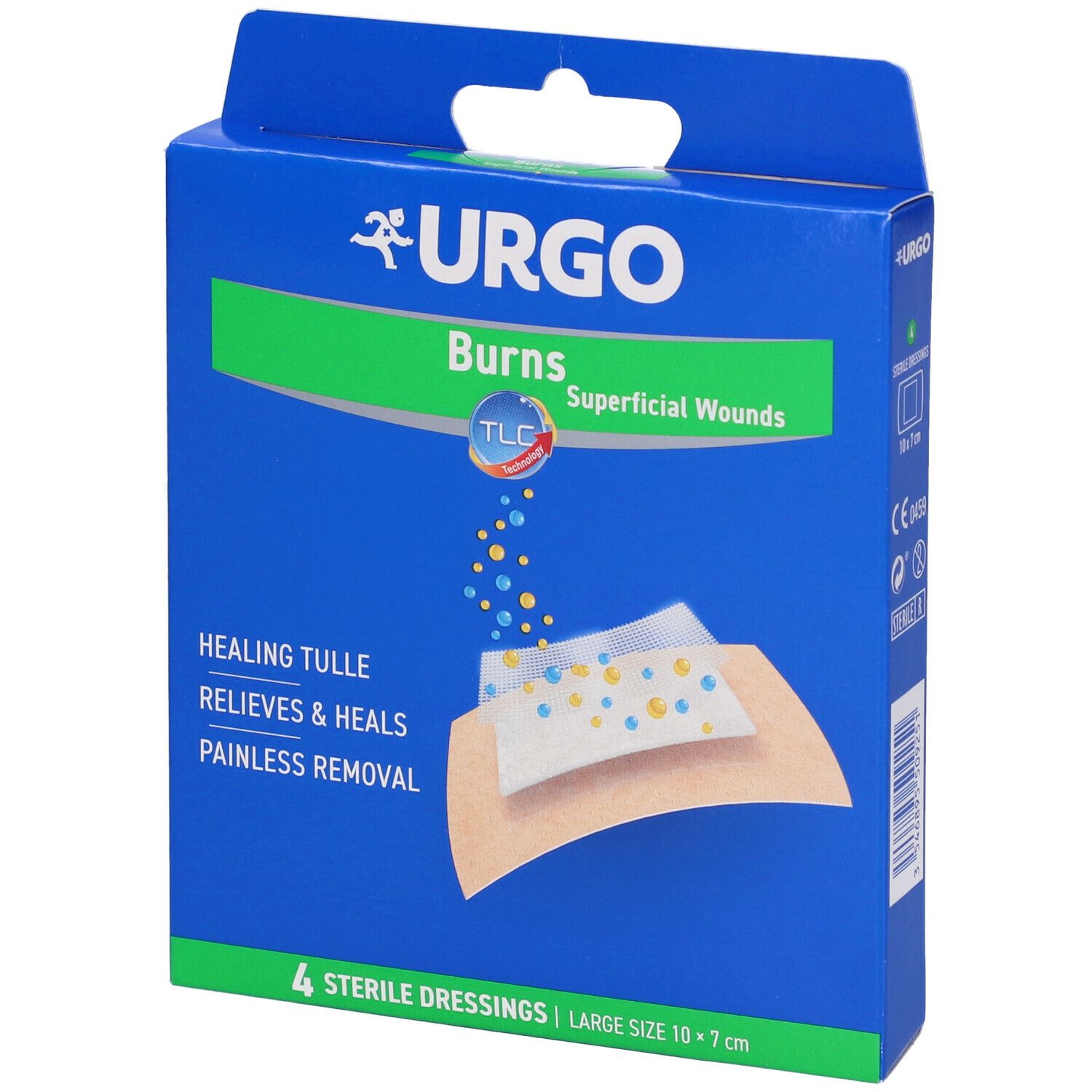 Scatola blu Urgo. Contiene 4 medicazioni sterili, dimensioni 10 x 7 cm. Immagine del prodotto con medicazione e testo: 'Burns, Superficial Wounds'.