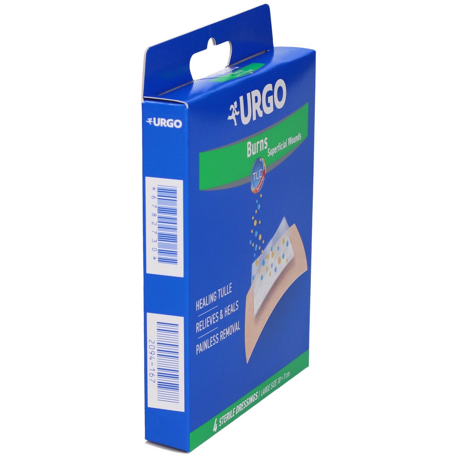 Scatola blu Urgo. Contiene 4 medicazioni sterili, dimensioni 10 x 7 cm. Immagine del prodotto con medicazione e testo: 'Burns, Superficial Wounds'.