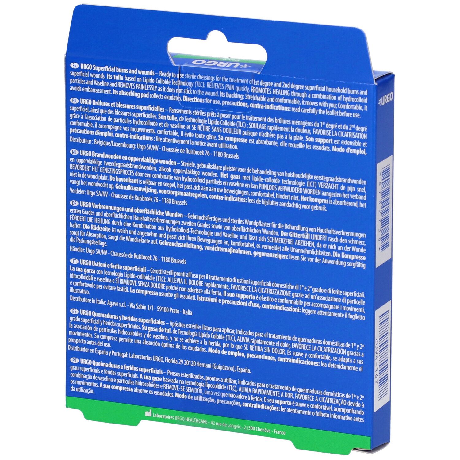 Scatola blu, vista laterale. Logo Urgo, testo e codice a barre visibili. Contiene 4 medicazioni sterili, dimensioni 10 x 7 cm. Marchio CE.