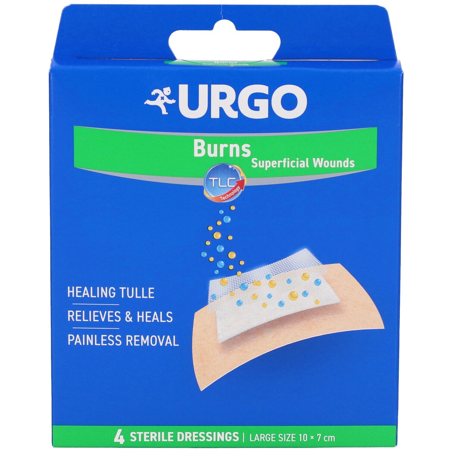 Scatola blu Urgo. Contiene 4 medicazioni sterili, dimensioni 10 x 7 cm. Immagine del prodotto con medicazione e testo: 'Burns, Superficial Wounds'.