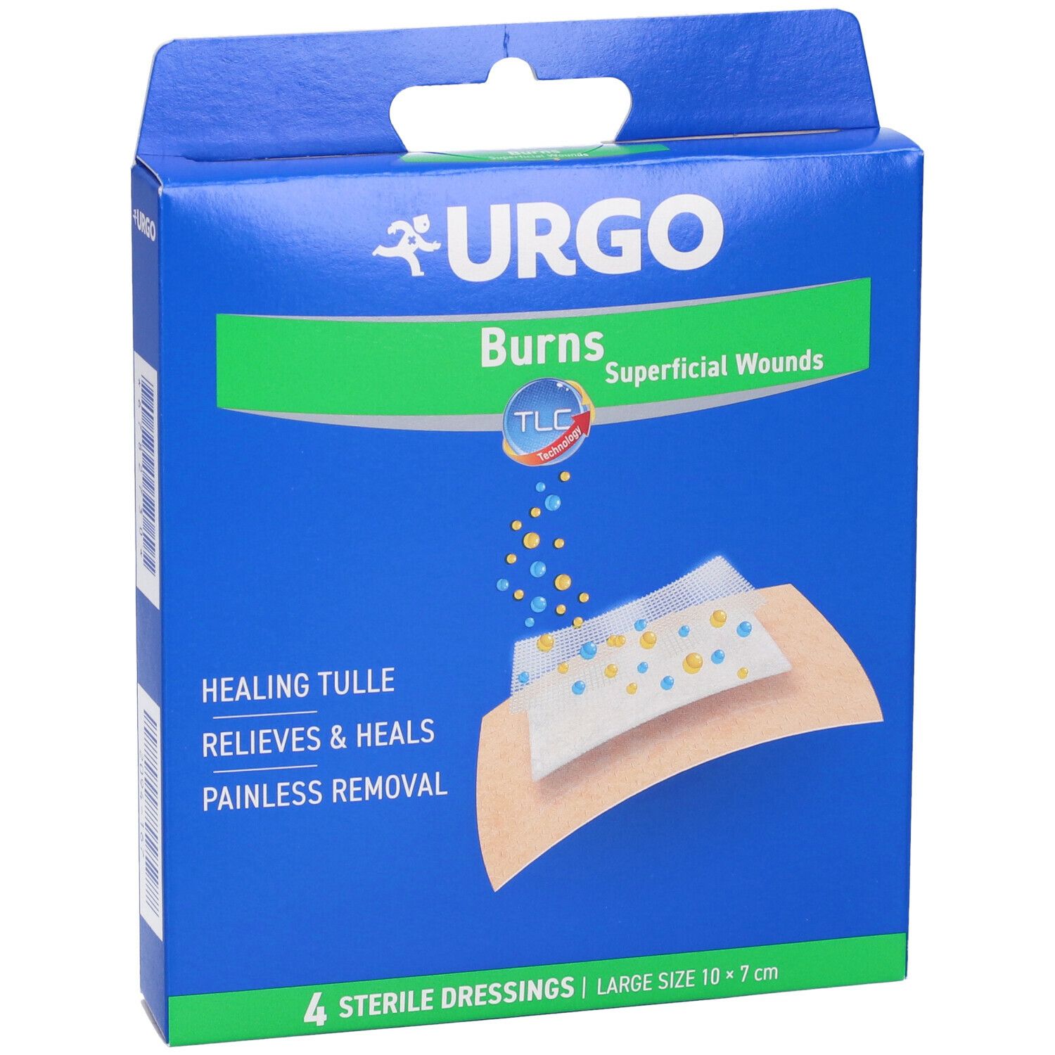 Scatola blu Urgo. Contiene 4 medicazioni sterili, dimensioni 10 x 7 cm. Immagine del prodotto con medicazione e testo: 'Burns, Superficial Wounds'.